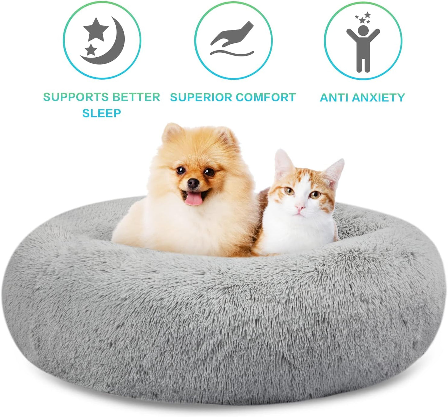 SAVFOX 36 inches Calming Donut Dog Bed - 3X Durable Plush Faux Fur, Machine Washable & Non-Slip, Fits up to 100 lbs, Light Grey