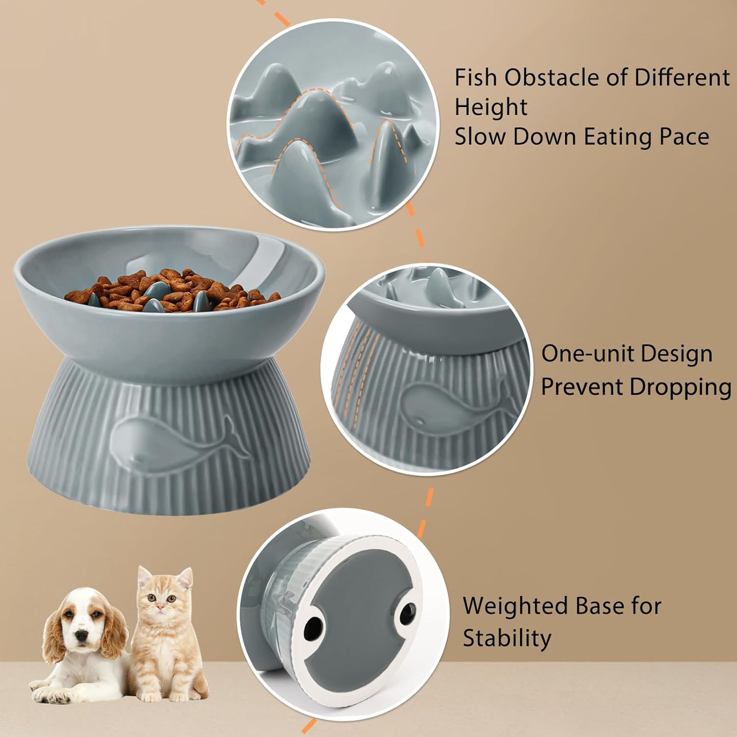 Elevated Slow Feeder Bowl for Cats and Small Dog, Stop Vomiting & Choking, Ceramic Slow Cat Bowl, Spill-Proof & Anti-Tipping, Easy to Clean, No Black Chin, Raised Pet Bowl for Dry & Wet Food