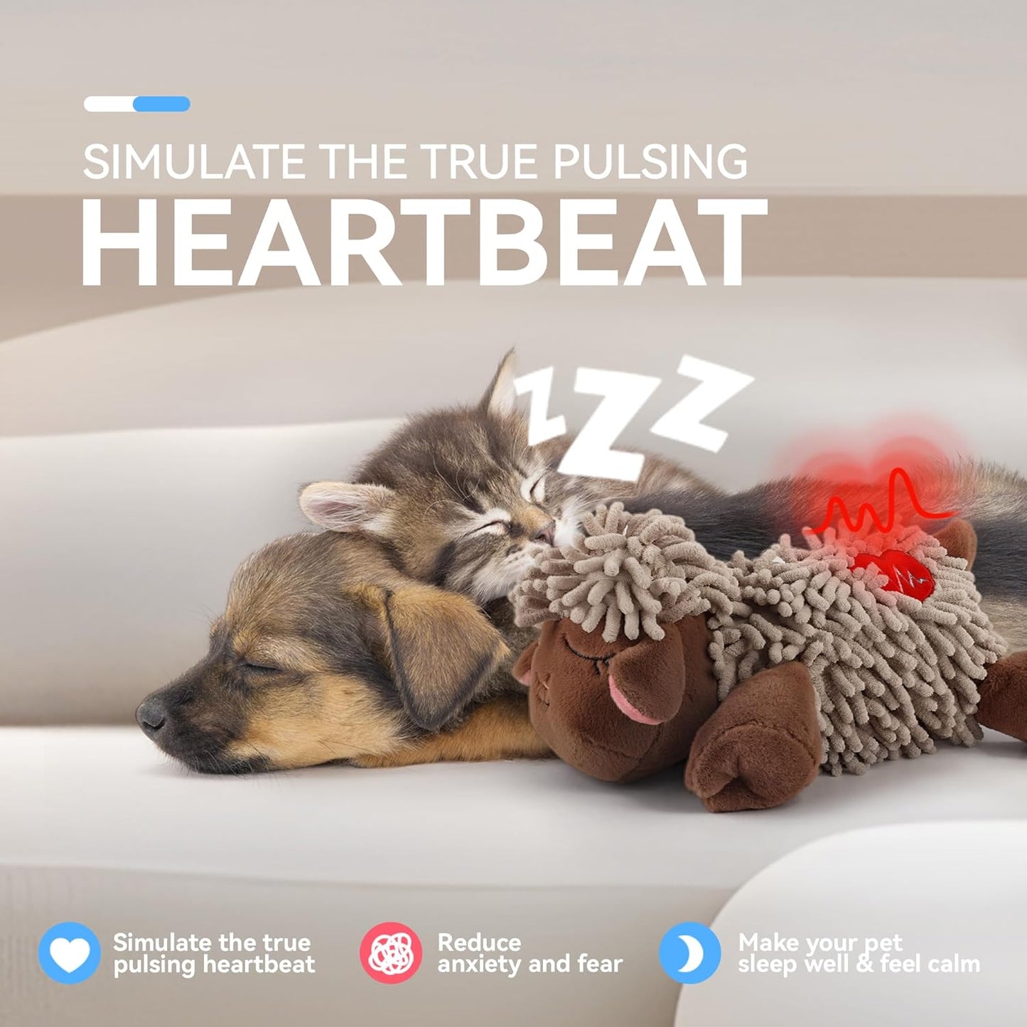 ALL FOR PAWS Heartbeat Dog Toy for Sleep Aid, Stuffed Animal Plush Toy for Puppy Anxiety Relief & Behavioral Training, Snuggling Plush Toy with Warm Bag & Adjustable-Speed Heartbeat, USB Rechargeable
