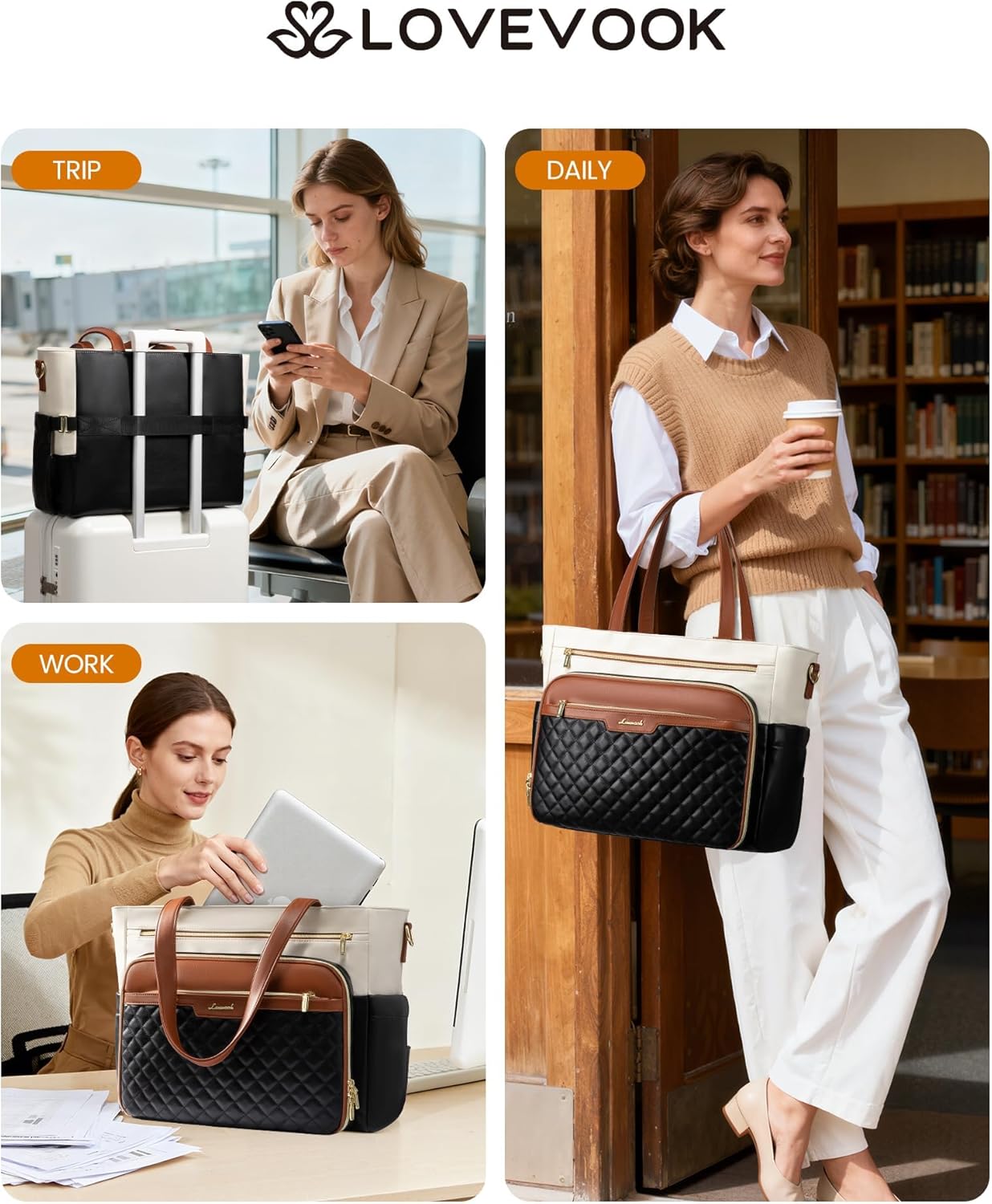 LOVEVOOK Teacher Tote Bag with Accordion File Pocket, Soft PU Leather Work Briefcase Quilted Laptop Bag with Large Cup Holder