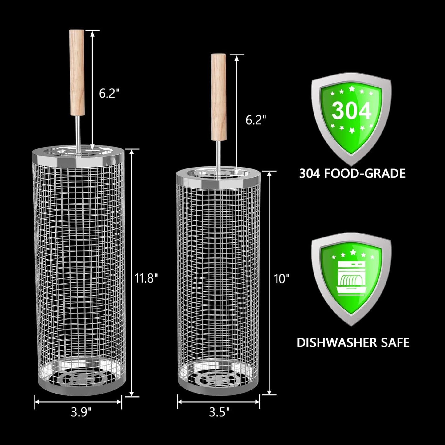 Rolling Grill Basket 2-Pack, Premium 304 Stainless Steel, Removable Wooden Handles, Upgrade Rolling Grill Baskets for Outdoor Grill, BBQ Grill Accessories for Camping/Backyard Cooking, Ideal Gift for Dad/Husband