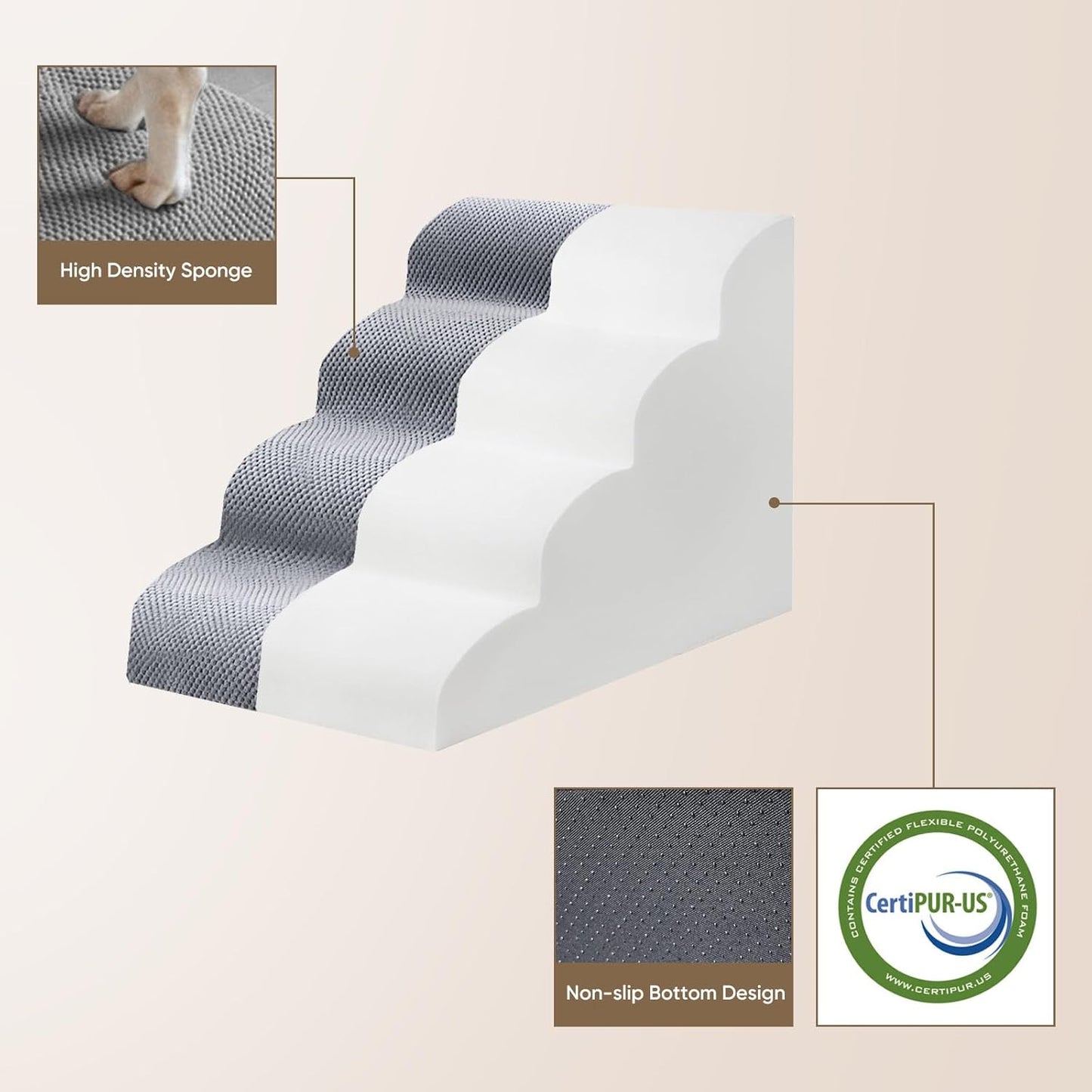 PAWSCART 작은 반려동물을 위한 강아지 계단, 높이 45cm(17.75인치) 30D 소재 부드러운 폼, 휴대용 경사로 미끄럼 방지 표면 미끄럼 방지, 소파 및 높은 침대 등반을 위한 미끄럼 방지, 고양이 또는 개를 위한 3단계 계단, 라이트 그레이