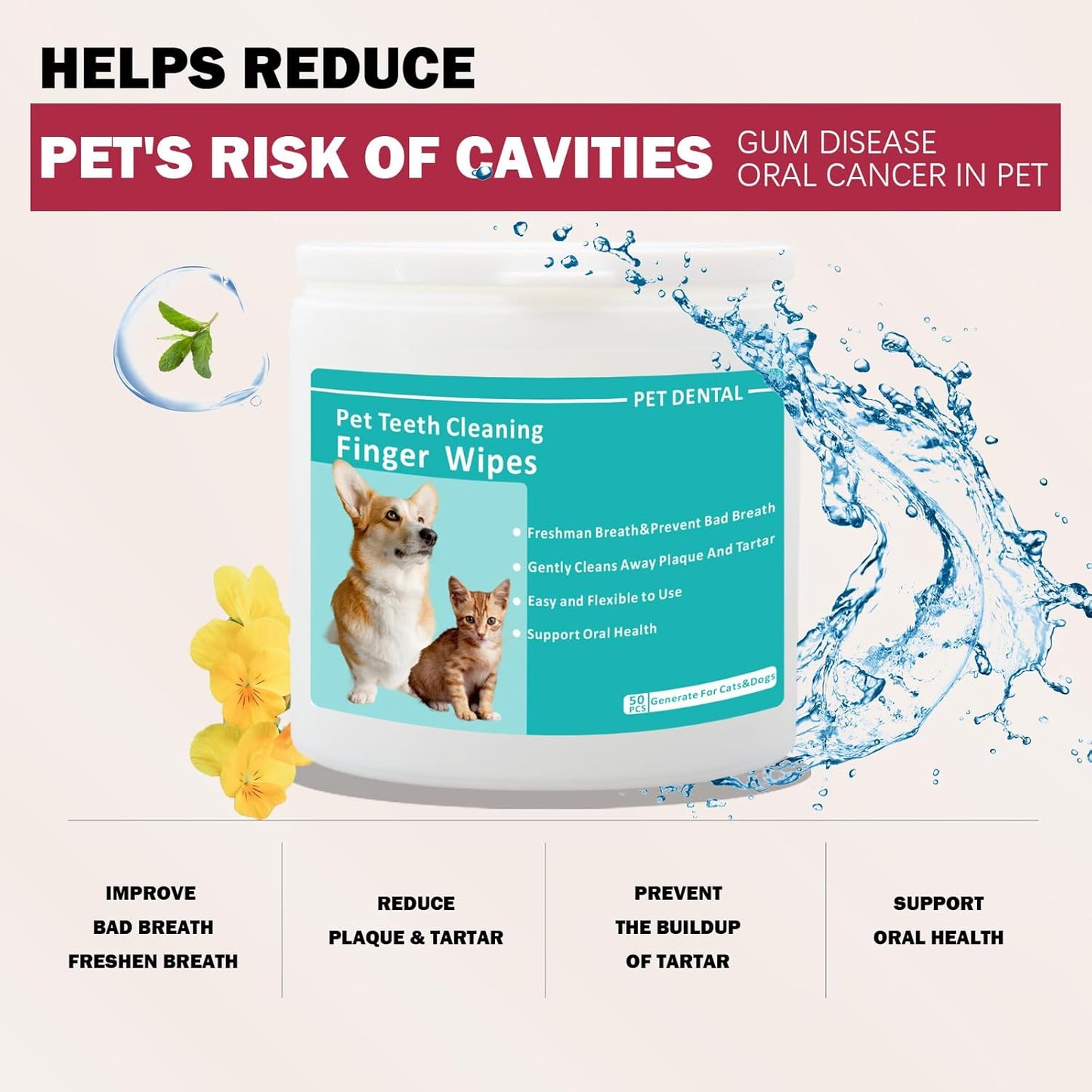 Pet Tooth Cleaning Finger Wipes (50Pcs),Dog Teeth Cleaning Wipes,Dog Dental Cleaning Finger Sleeves,Reduces Plaque & Freshens Breath,Freshens Breath, Safe and Natural