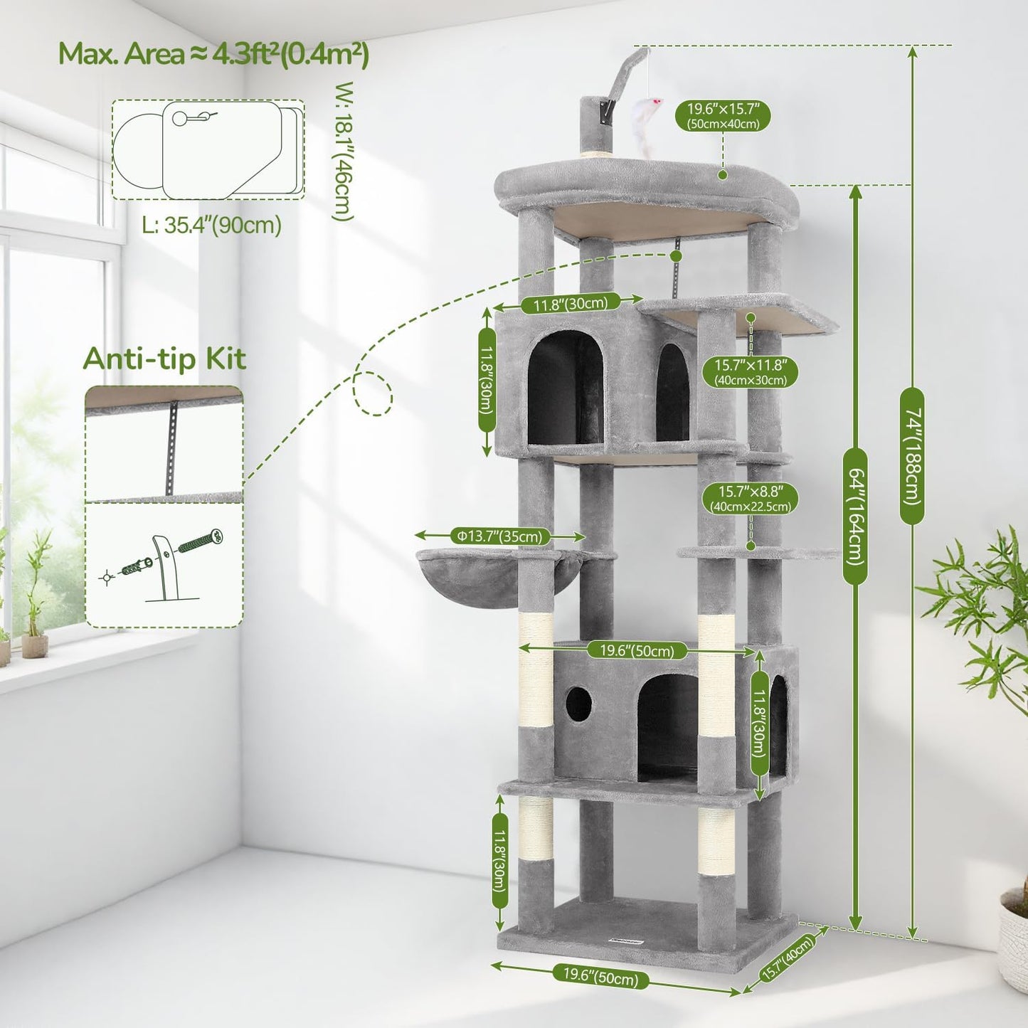 Globlazer Cat Tree for Indoor Cats Large Adult, 74in Tall Cat Tower with Scratching Post, Heavy Duty Cat Tree Tower with 2 Spacious Caves, Oversized Top Perch, Big Hanging Basket, F74B, Light Grey