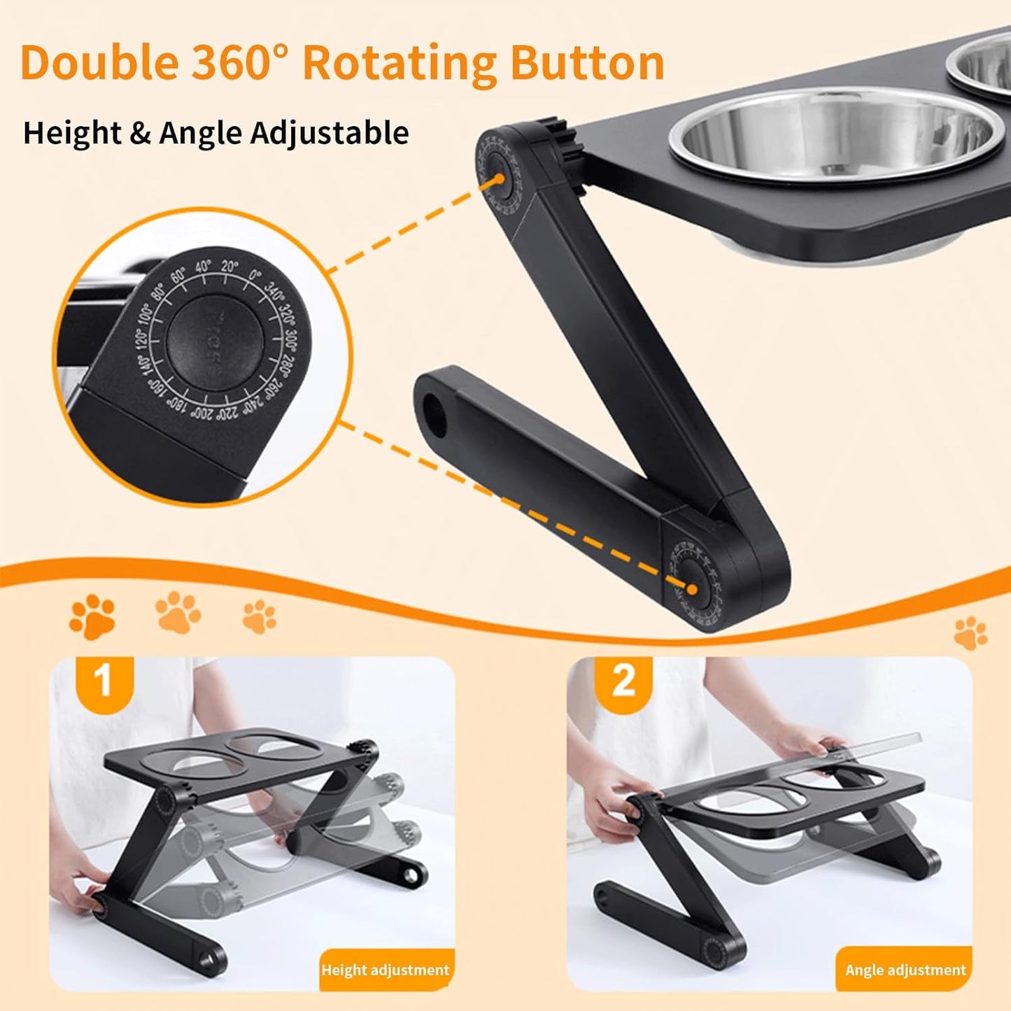 Adjustable Height & Angle Elevated Cat Bowls and Small Raised Dog Bowl with 2 Removable Stainless Steel Bowls - Foldable Raised Feeding Station 15°Tilted Raised for Neck Relief(16.7" x 9"