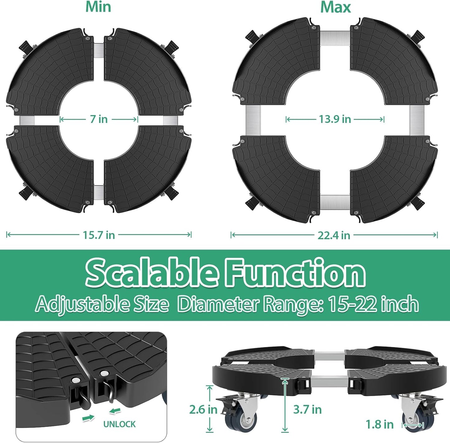 VANCASTLE Plant Caddy with Lockable Wheels Heavy Duty 450lbs Capacity, 15-22 Inch Adjustable Plant Stand with Wheels Rolling base, Plant Dolly for Flower Pot Mover Indoor Outdoor, Black, 1 Pack