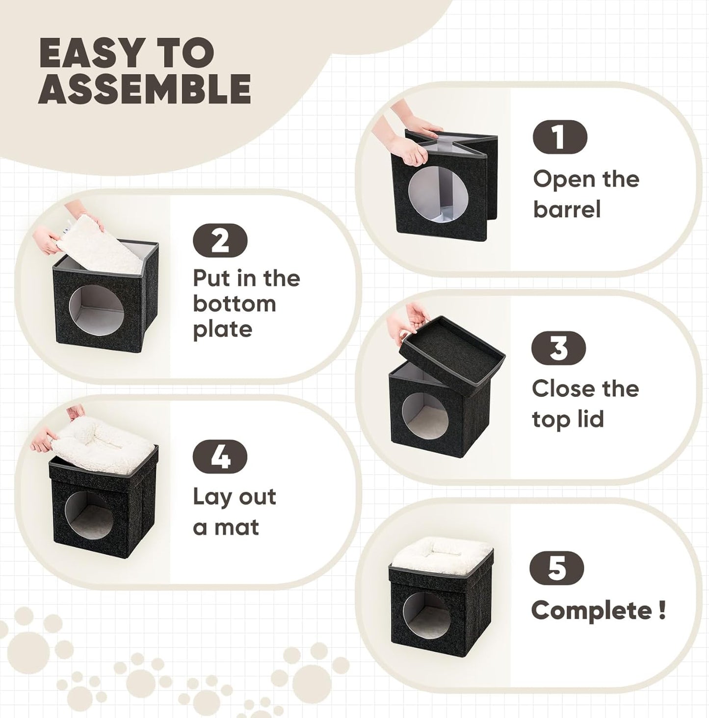 B FSOBEIIALEO Cat House Cube Small Dog Cubes for Indoor Cats Folding Cat Ottoman, Cat Cave, Stackable Cat Condo for Kitten, with Removable Soft Sleeping Bed, Felt and Engineered Wood 12.6"(Dark Grey)