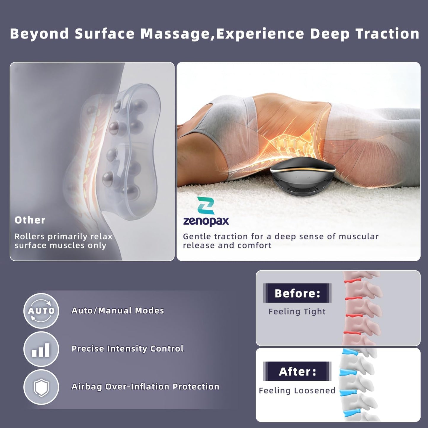 Zenopax 4-in-1 Electric Lumbar Traction Device - Adjustable Back Massager for Deep Tissue Pain Relief with Heat, Vibration, Electrotherapy, Home Lumbar Decompression ＆ Sciatica Relief(Golden)