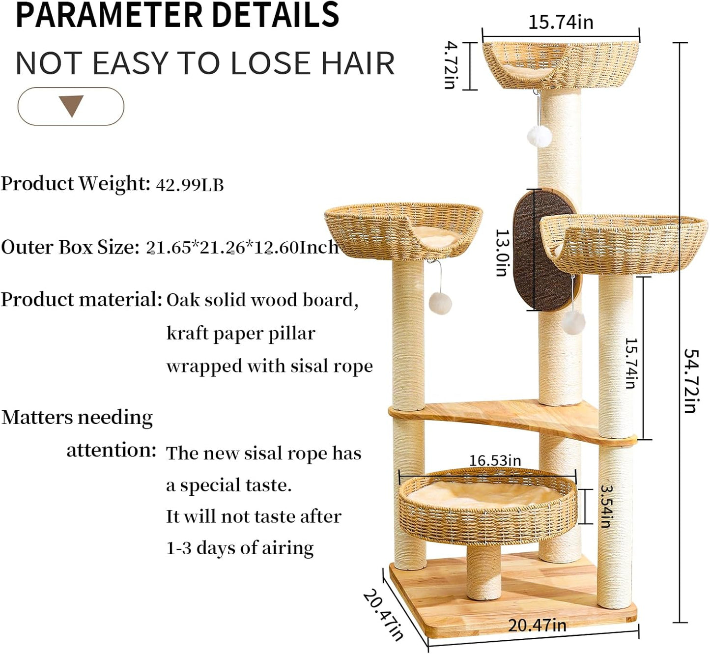 Cat Tree for Indoor Cats，54''Multi-Level Cat Tower for Large Adult, Sturdy Cat Tree House with 4 Plush Perches/Condos, 1 Scratching Boards 7 Posts, and Easy to Assemble.