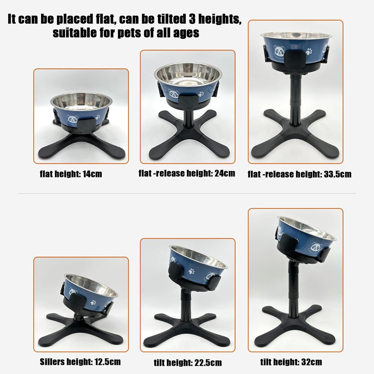 Dog Bowl Stand - Adjustable Single Feeding Raised, Prevent Tipping Large Medium Dogs, Backyard Living Room, Stainless Steel Height Extendable, Anti-Slip Stable Base, Modern Black Design Pet