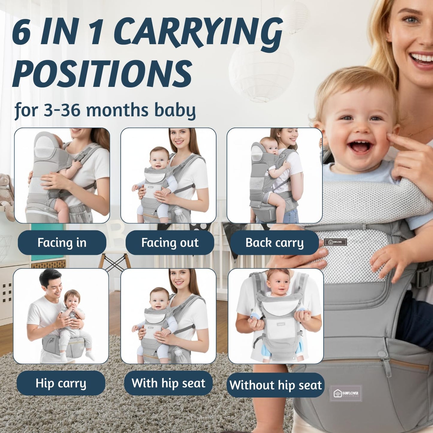 Baby Hip Carrier with Detachable Hip Seat and Head Support, 6 in 1 Toddler Carrier M-Shape Ergonomic Baby Carrier Newborn to Toddler, Adjustable Shoulder Straps, Bottle Holder & Storage Pocket - Grey