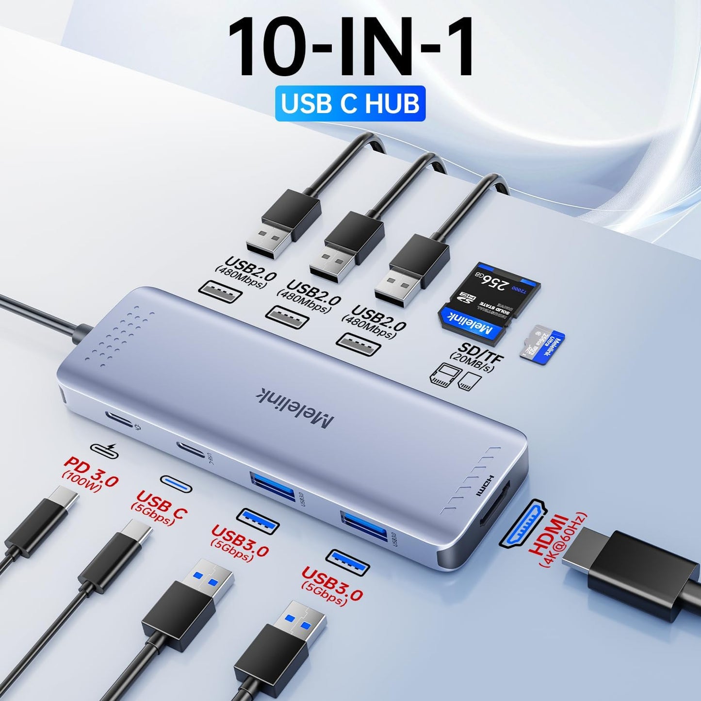 USB C Hub Multiport Adapter for MacBook Pro/Air, 10 in 1 USB C Dongle Mac HDMI Adapter, USBC Dock Compatible for iPad Pro, iMac, Dell, HP, Lenovo (4K@60Hz HDMI,SD/TF Card Reader,100W PD, 6 USB Ports)