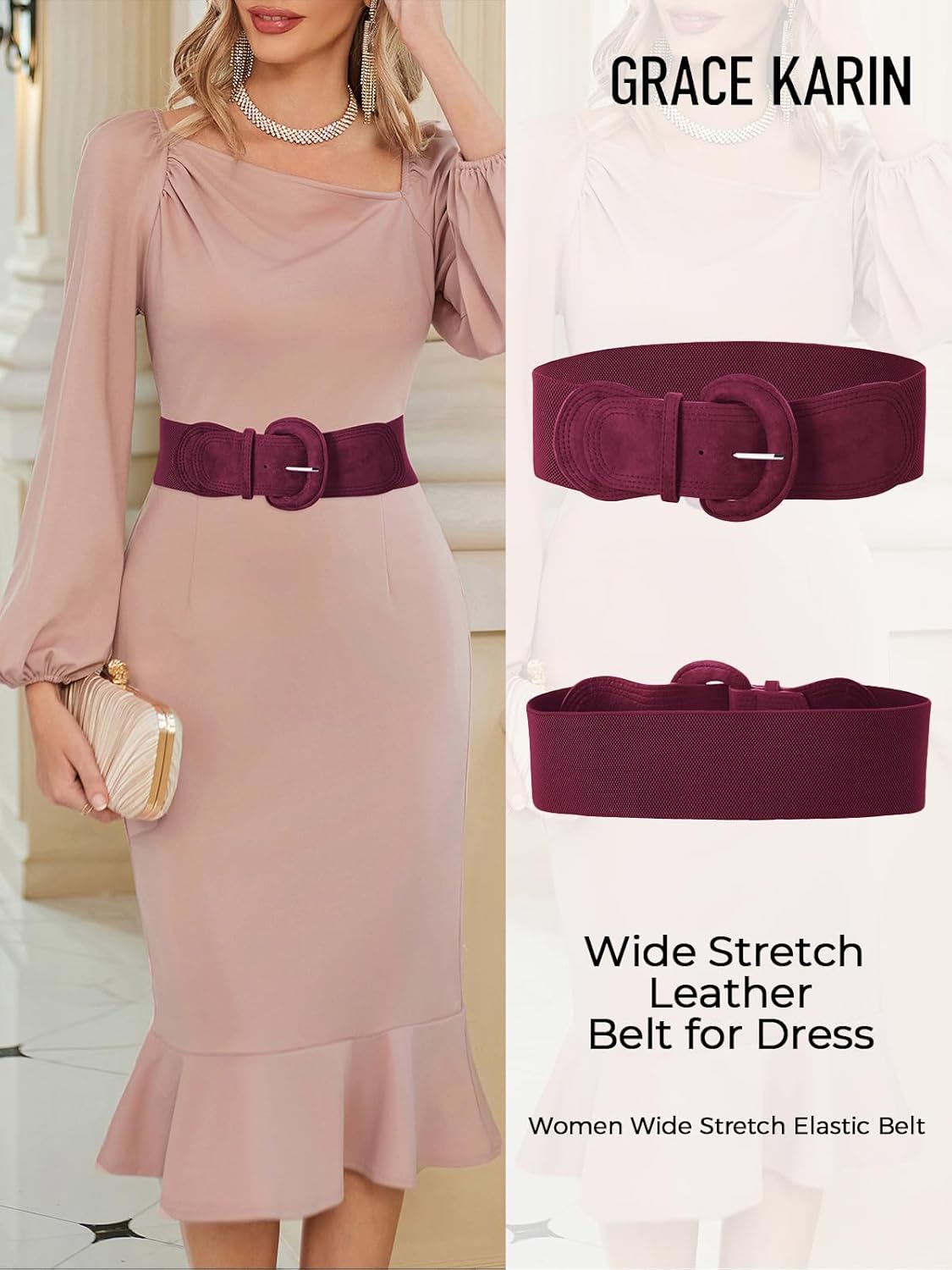 GRACE KARIN Women's Suede Elastic Belt Wide Stretchy Belt Vintage Chunky Buckle Belts S-XXL