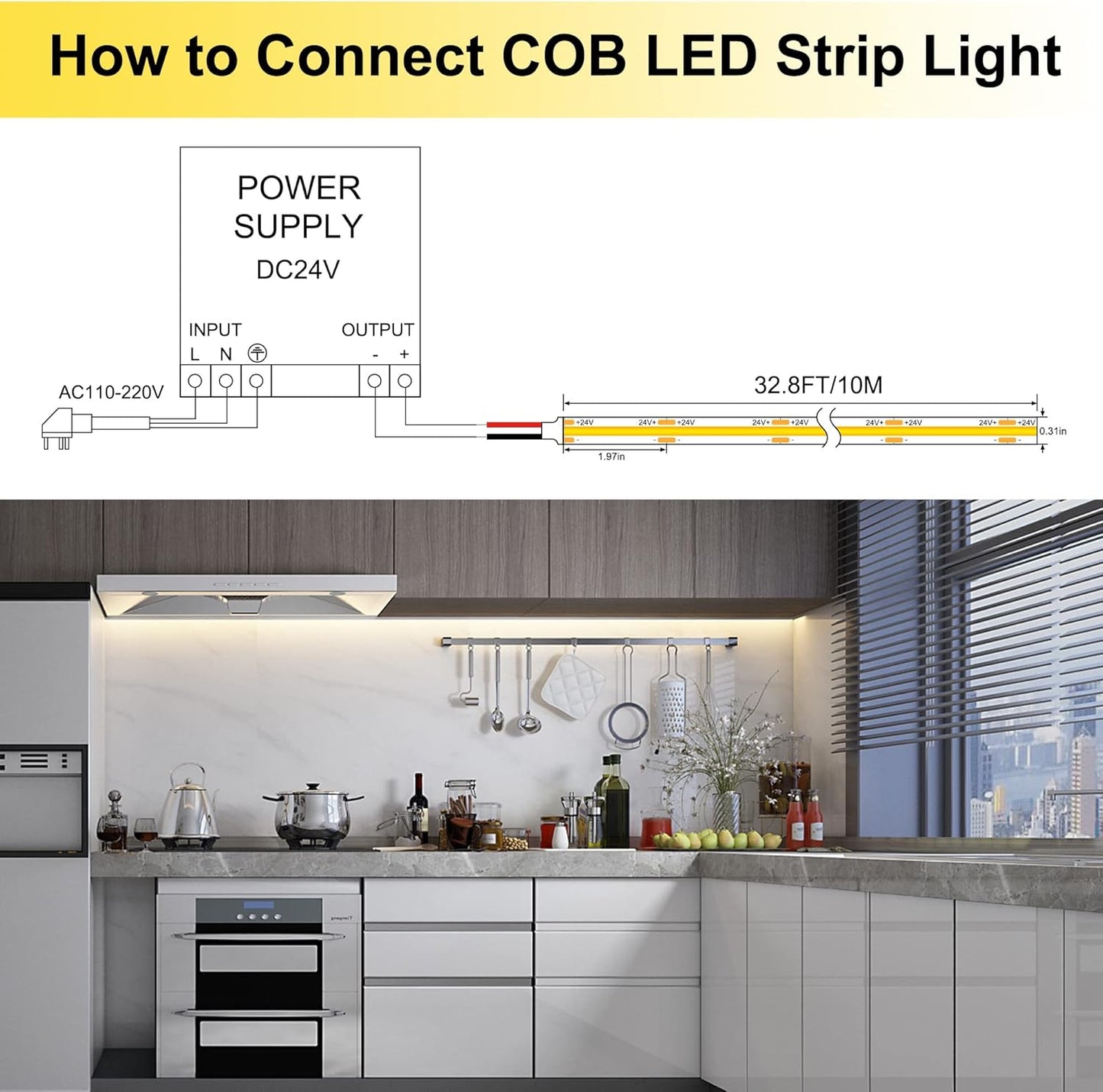 LED Strip Lights 32.8FT,Dimmable cob led Strip with Adapter and Remote,Superbright 24V led Tape,CRI90+,2700K Warm White led Strips,Indoor Perfect for Cabinet,Room,Kitchen,TV,Mirror