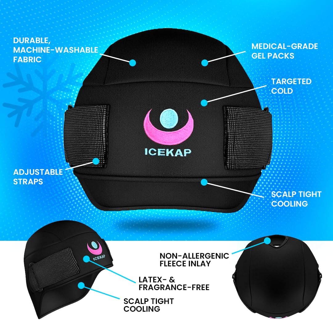 Cold Cap for Migraine Relief & Chemo, Longer Lasting Cold Swappable Gel Packs, Adjustable Compression, Class 1 Medical Device for Scalp, Concussion Relief, Chemo. Fitted Sizes, Machine Washable