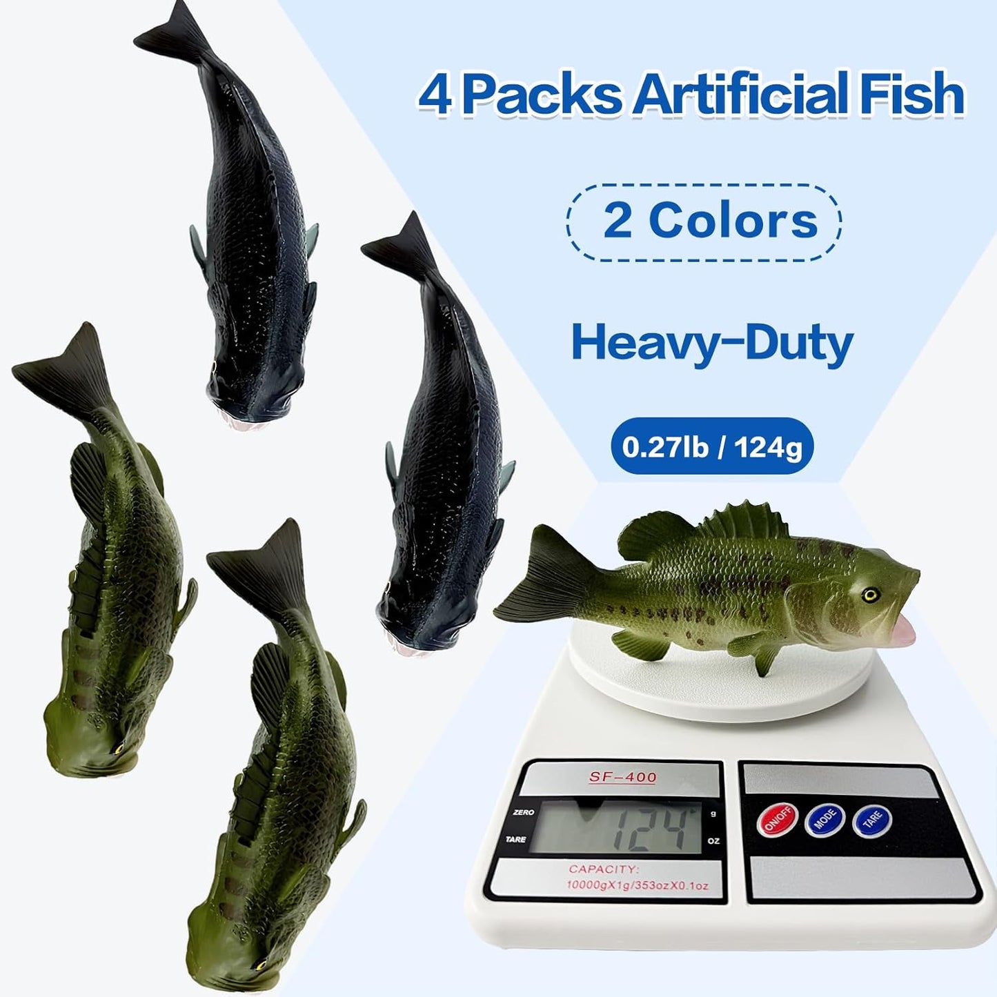 4 Pack Fake Fish, 6.1 Inch Artificial Lifelike Large Mouth Bass Sea Fish Models for Food Display, Party Display, Kitchen Decor, Photography Props(Blue,Green)