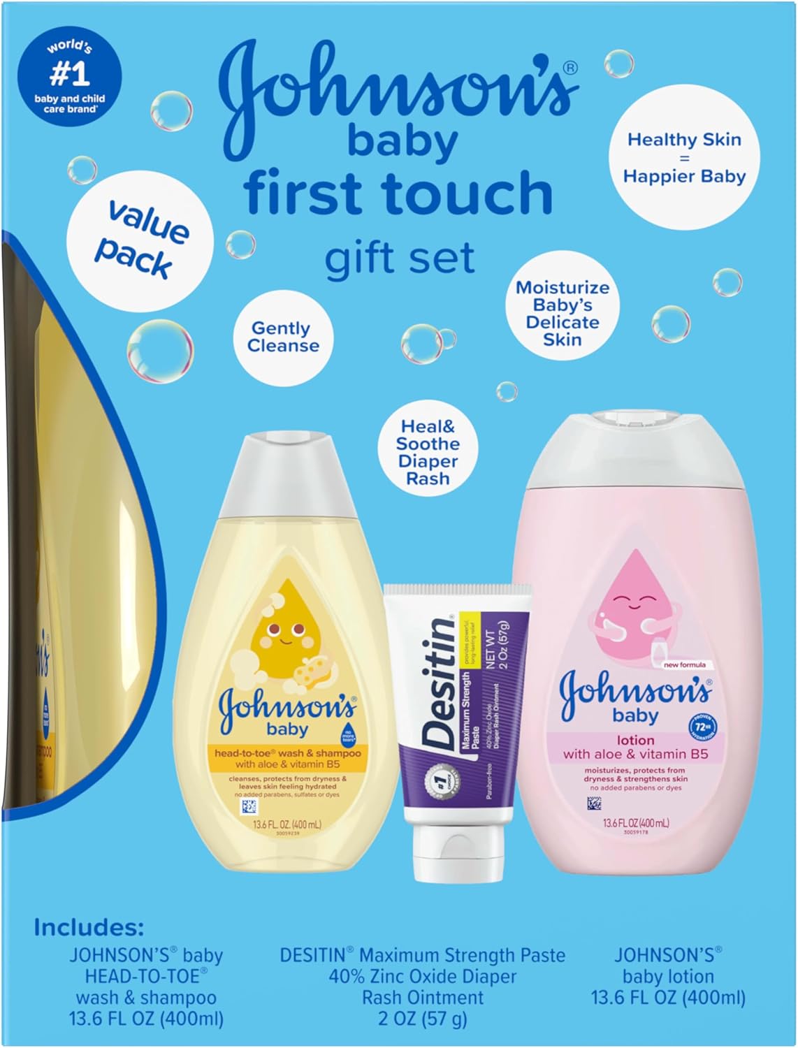 Johnson's First Touch Baby Essentials Gift Set with Body Wash & Shampoo, Body Lotion, & Zinc Oxide Diaper Rash Cream for Baby's Delicate Skin, Hypoallergenic, No Parabens or Dyes, 3 Items