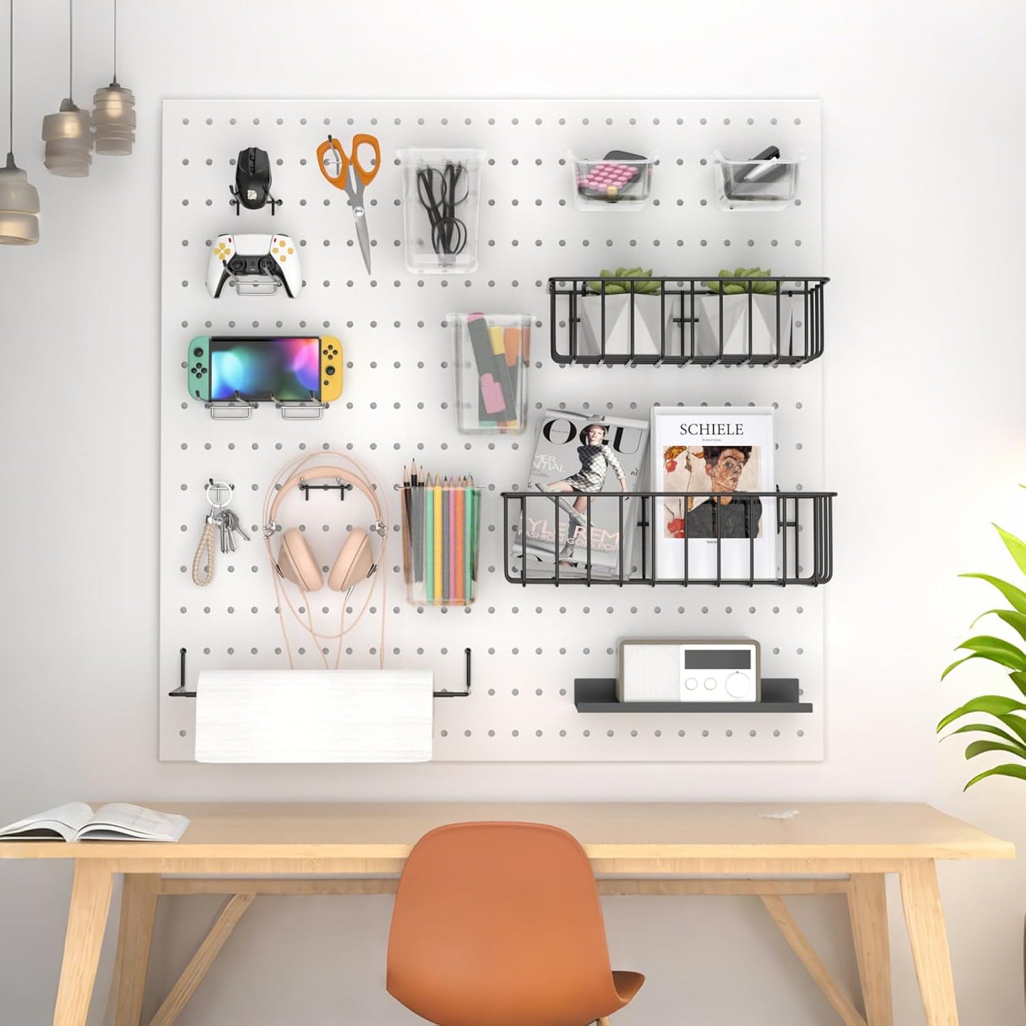 Peg Board Accessories Kit,Pegboard Hooks Assortment with Bins,Cups,Wire Baskets,Paper Towel Holder Can be Used for Pegboard Garage Workbench Craft Room Organizing Tools (Transparent Cup+Box)