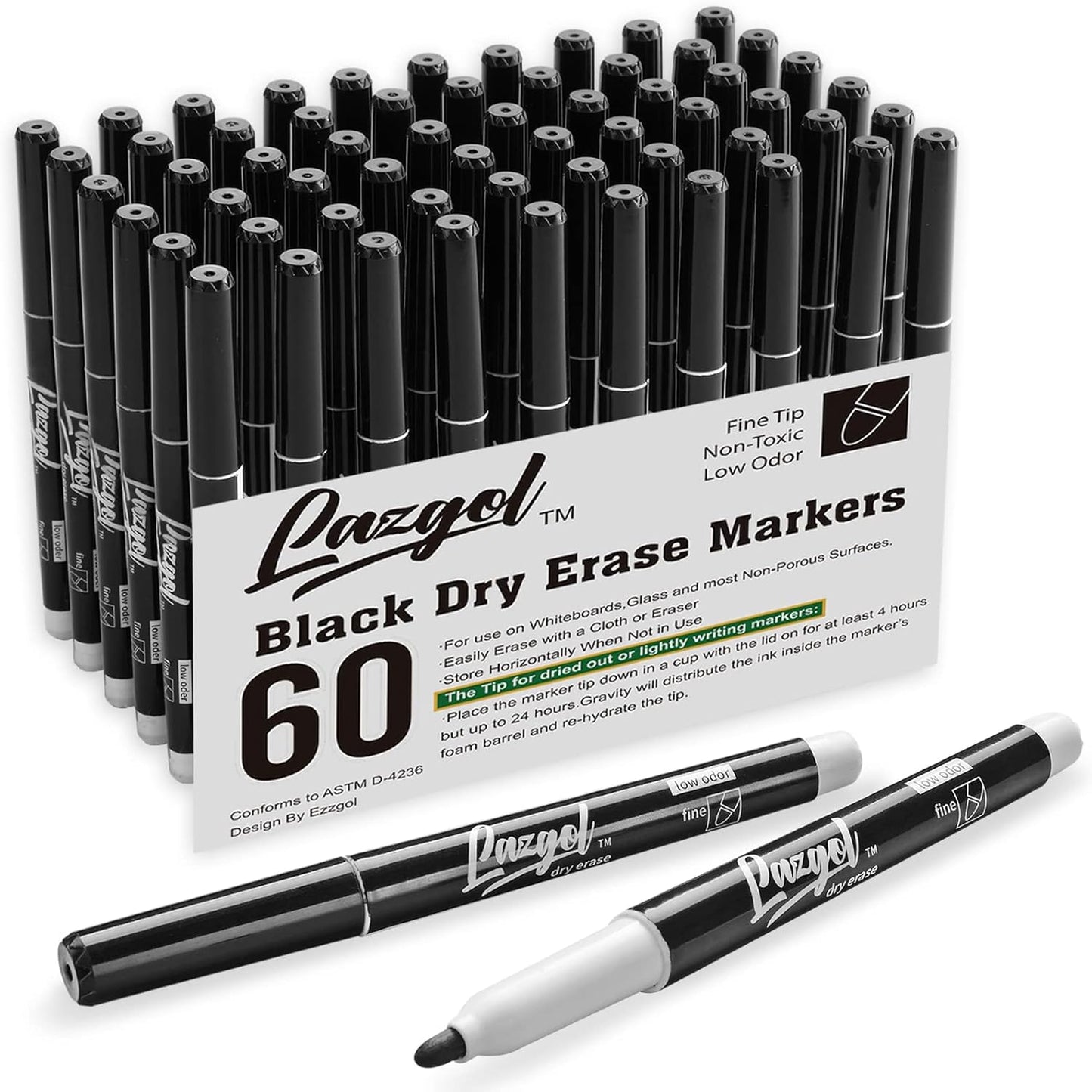 Dry Erase Markers Bulk, 60 Pack Black Low Odor Whiteboard Markers, Fine Point Dry Erase Markers Perfect for Writing on Dry Erase Whiteboard Mirror Glass for School Office Home