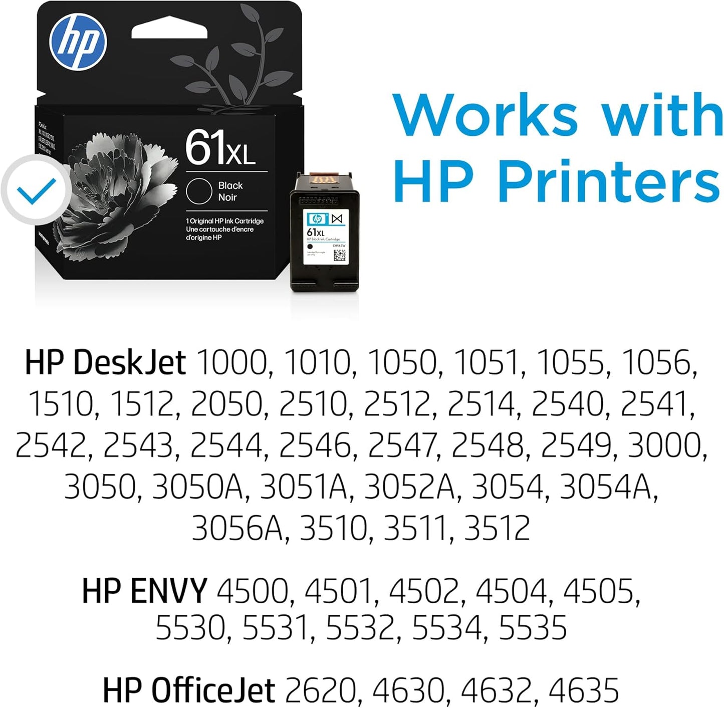 HP 61XL Black High-Yield Ink | Works with DeskJet 1000, 1010, 1050, 1510, 2050, 2510, 2540, 3000, 3050, 3510, Envy 4500, 5530, OfficeJet 2620, 4630 | Instant Ink Eligible | CH563WN|Packaging May Vary