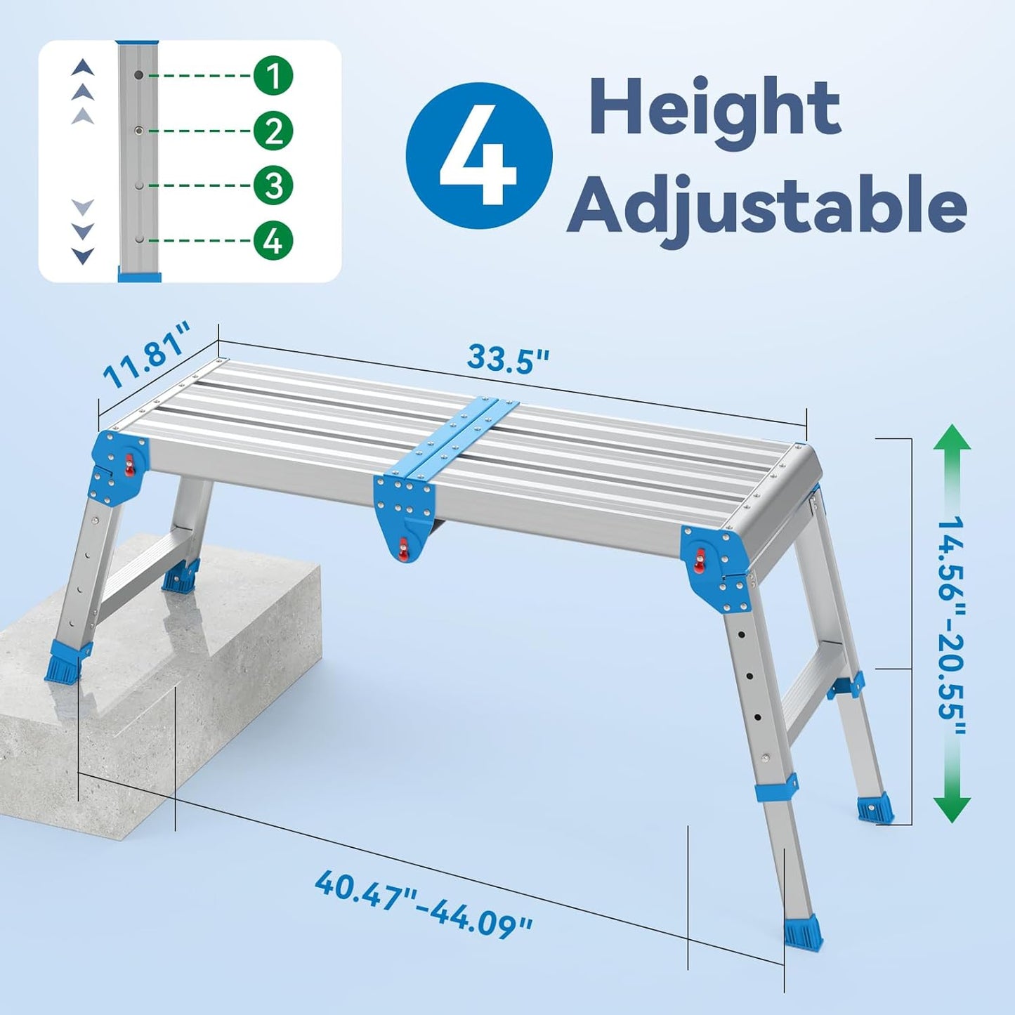 Work Platform 500 Lbs, Folding Step Stool with One-Touch Automatic Fold, 4 Height Adjustment Step Platform, Perfect for RV Cleaning, Home Painting and Reaching High Places, Larger, Blue