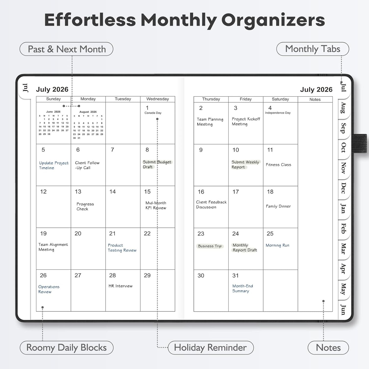 OMEYA 2026-2027 Weekly & Monthly Planner: A5 Black Leather Business Planner for Work, July 2026 – June 2027, 100gsm Thick Paper, Durable Stitched Binding, Tabs, Pen Loop, Pocket – Professional Planner