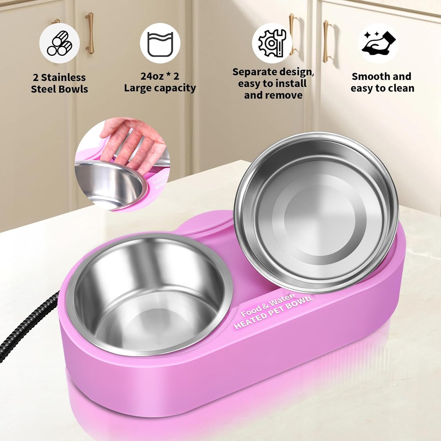 Heated Water Bowl for Dog & Cat, Outdoor Indoor Heated Pet Bowl with 2 Stainless Steel Bowl 48 OZ Large Capacity Provide Non Freezing Water & Food in Winter Double Heated Sink