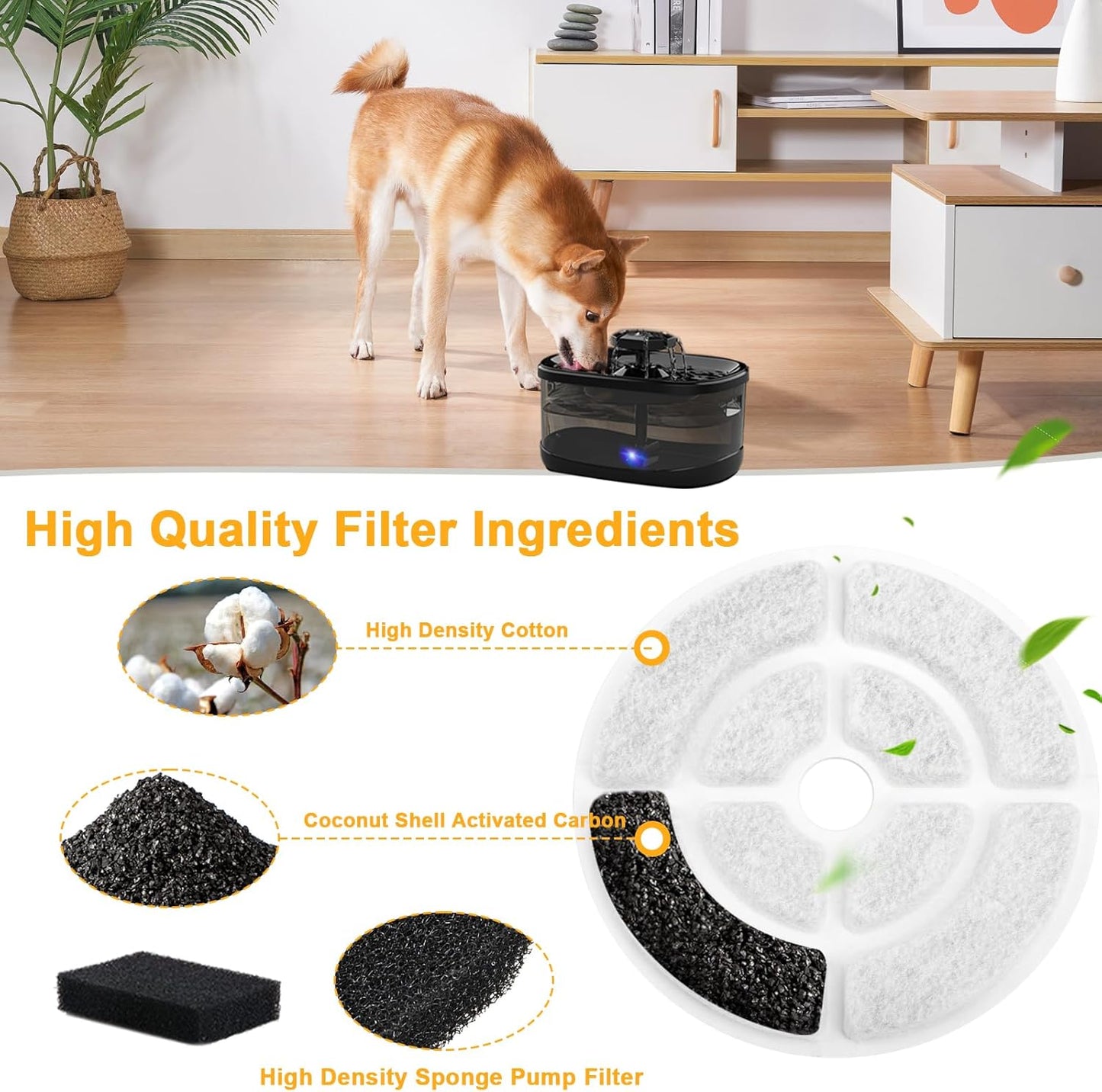 7" Activated Carbon Dog Water Fountain Filters Compaitble with Sibays 2.5Gal/9.5L and for Kastty 9L Dog Cat Water Fountain Filter Pet Fountain Filter Replacement with 6 Pump Filters