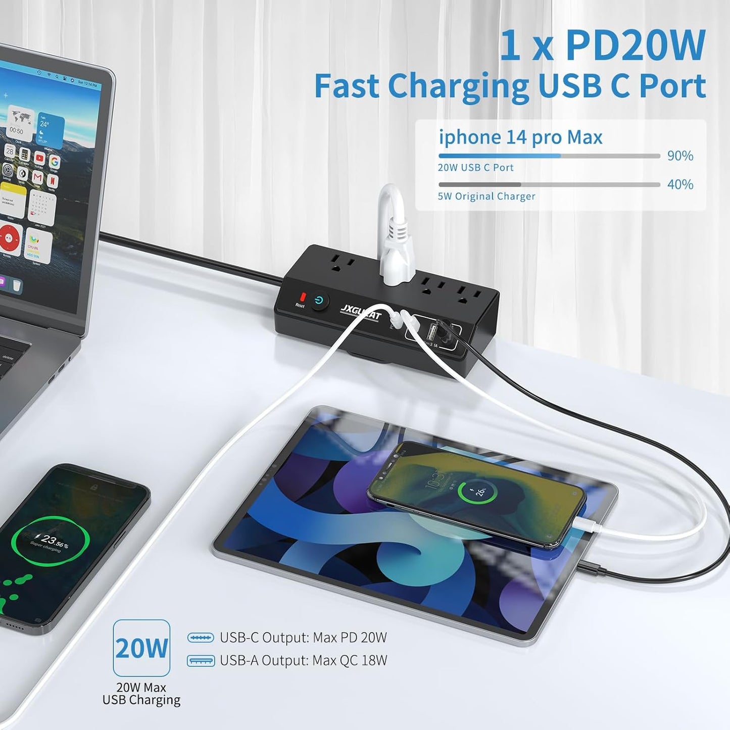 Desk Clamp Power Strip 10FT with PD 20W Fast Charging USB C, JXGUCAT Desktop Mount Power Strip Surge Protector, Removable Extension Cord with 4 Outlets 4 USB Ports, Fit 1.8" Tabletop Edge, Black