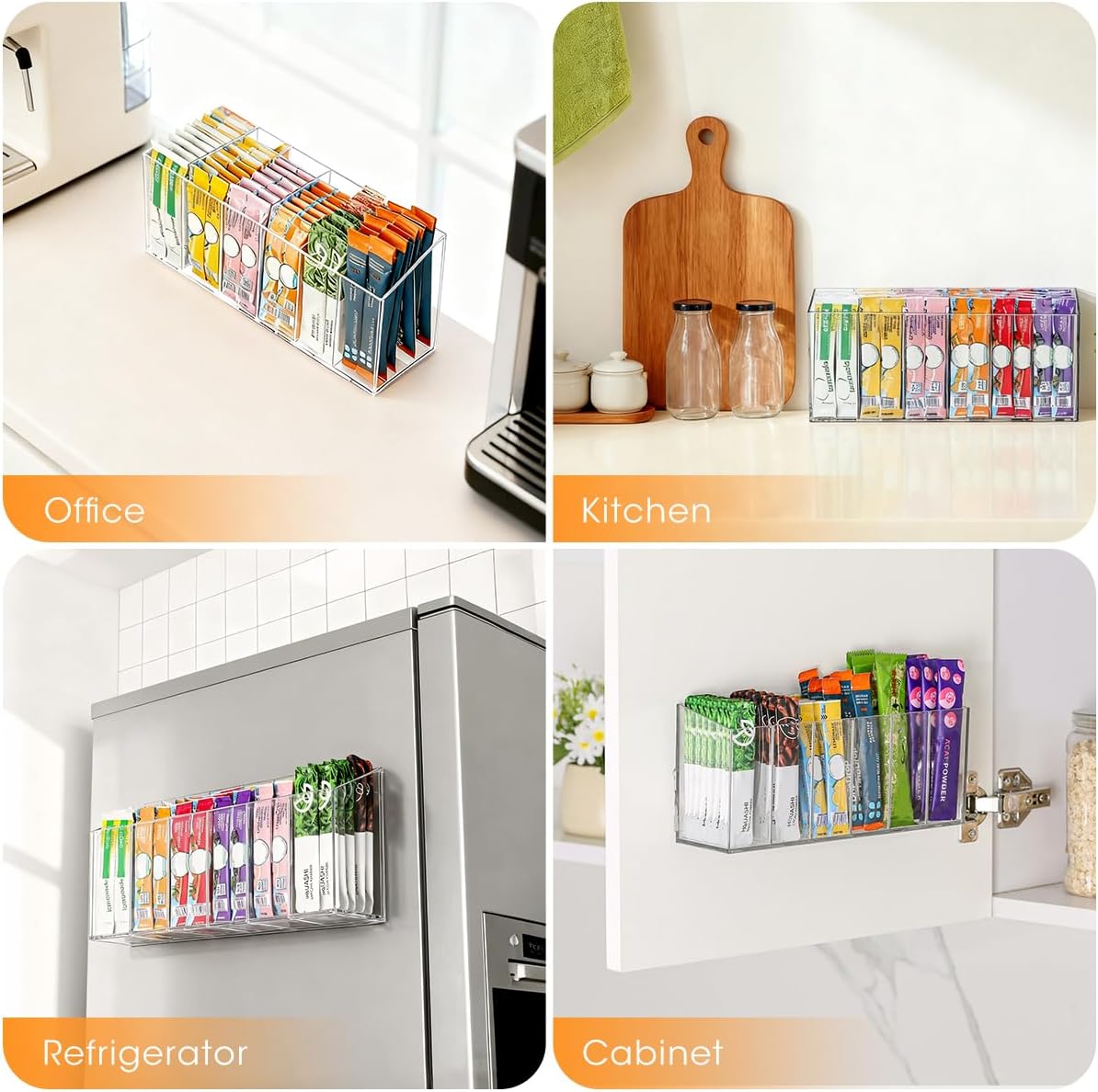 AIEVE Drink Packet Organizer, Mountable Water Packet Organization Holder with Adhesive & Magnetic Sticker, Pantry Organizers Kitchen Storage for Countertop Table Fridge Cabinet