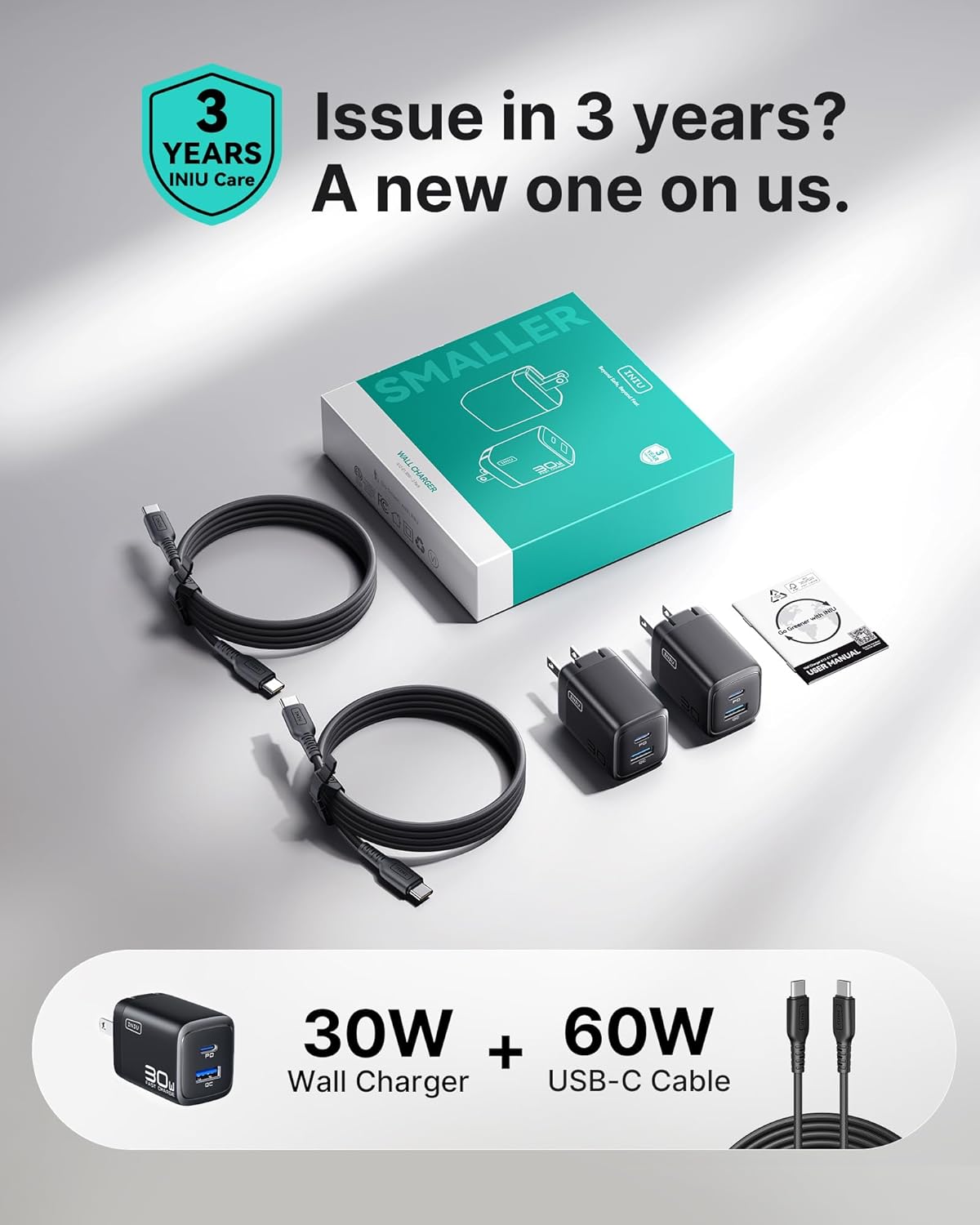 INIU for iPhone 17 Charger, 30W 2-Port Type C Charger Fast Charging, Foldable USB C Charger Block with USBC Cable for iPhone 17 16 15 Pro Max, MacBook Air 13 M4 iPad 13 11, Samsung S25 S24, Goodle etc