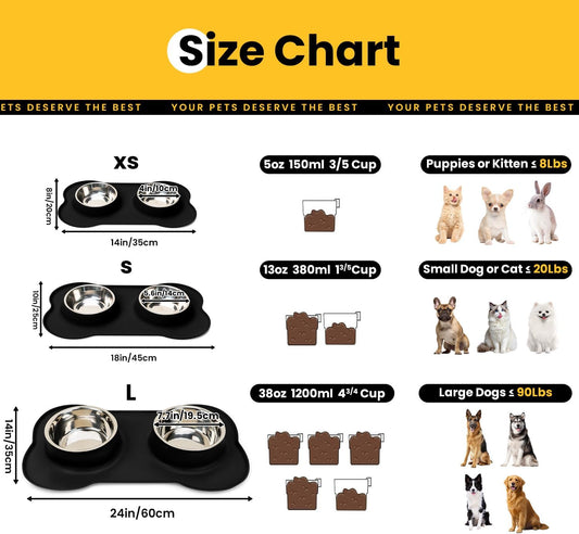 Dog Bowls with Non-Slip Silicone Mat, Spill Proof Large Food & Water Bowls Set, Easy Clean Dog Food Dish, Dishwasher Safe, Suitable for Dogs Cats Pet Under 90lbs, Large, Black