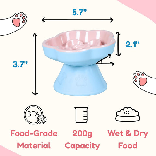 2Pc Raised Slow Feeder Cat Bowl, Melamine Elevated Cat Bowls - Heavy Weighted, Break Resistant, Tilted Slow Feeder Bowl for Cats and Small Dogs, Non-Slip, Dry & Wet Food, Whisker Friendly (Pink, 5.8"