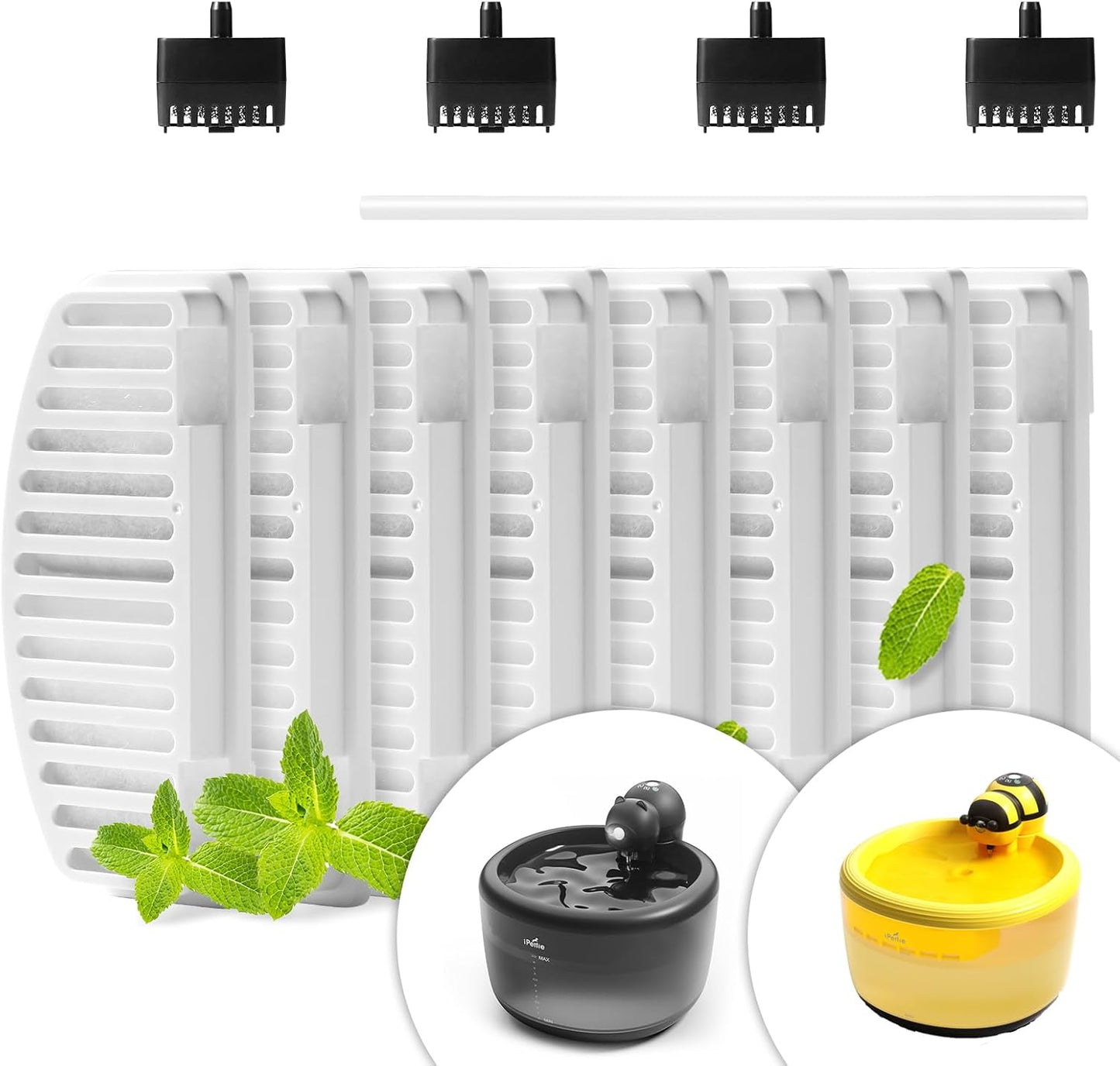 iPettie Bear Wireless Cat Water Fountain Filters Kit, IP-WF-P02-F8, 8 x Carbon Filter, 4 x Pump Sponge Filter, 1 x Water Pipe