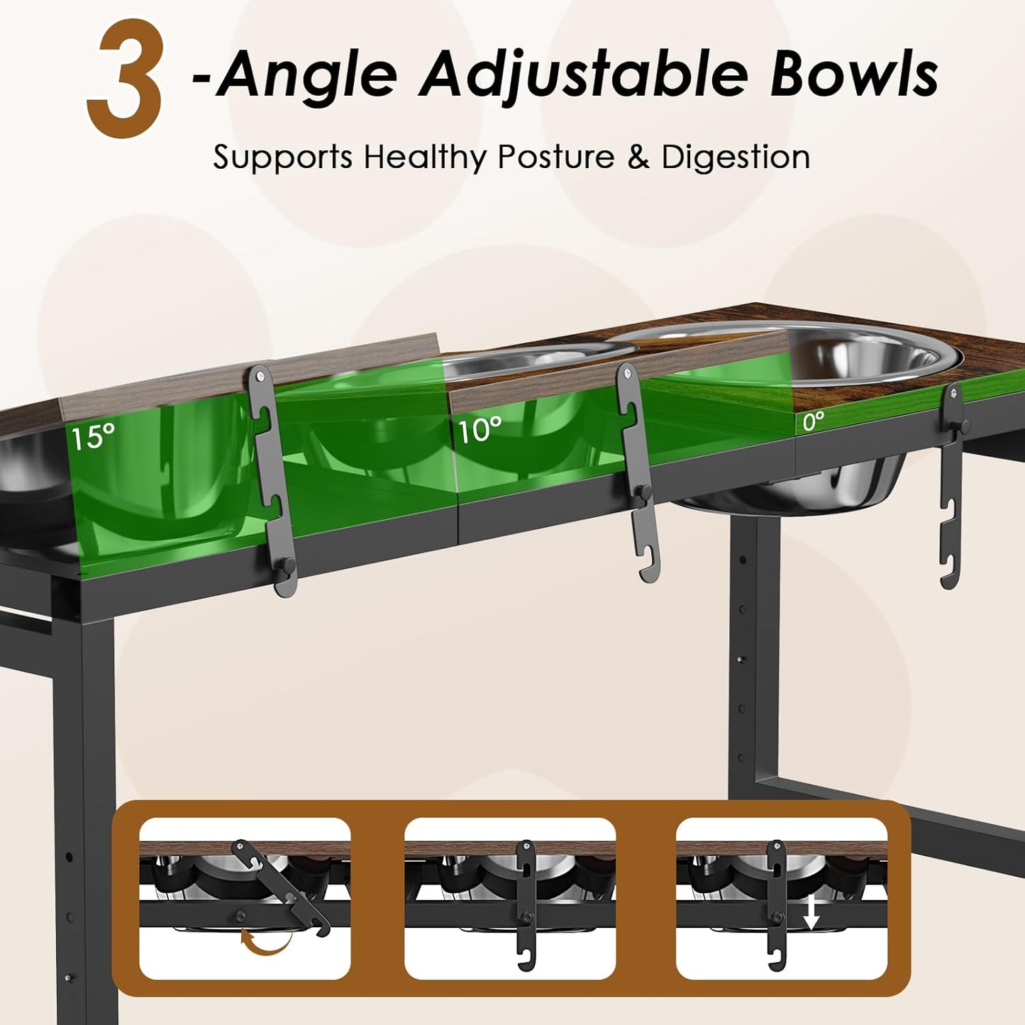 Elevated Dog Bowls Stand for Large Dogs - 3 Bowl Dog Feeder with Adjustable Height & Tilt, Stainless Steel Bowls & Wood Tray for Large Breeds, Triple Bowl Feeding Station, 3500ML*3 Capacity
