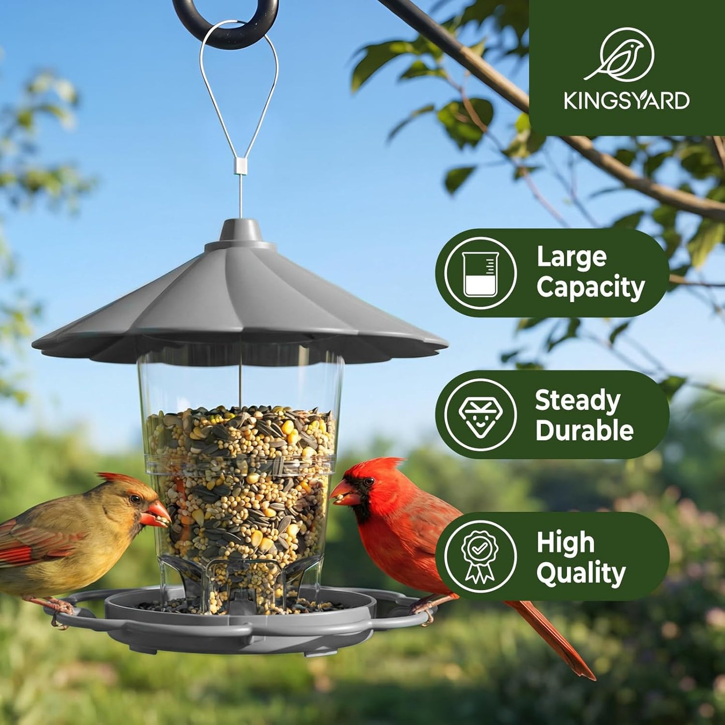 Kingsyard Bird Feeder for Outside Outdoors Hanging, Adjustable Hopper Feeders with Wide Seed Tray and Rainproof Roof, Wild Birds Feeder for Garden Backyard Decoration, 1 Pack, Grey