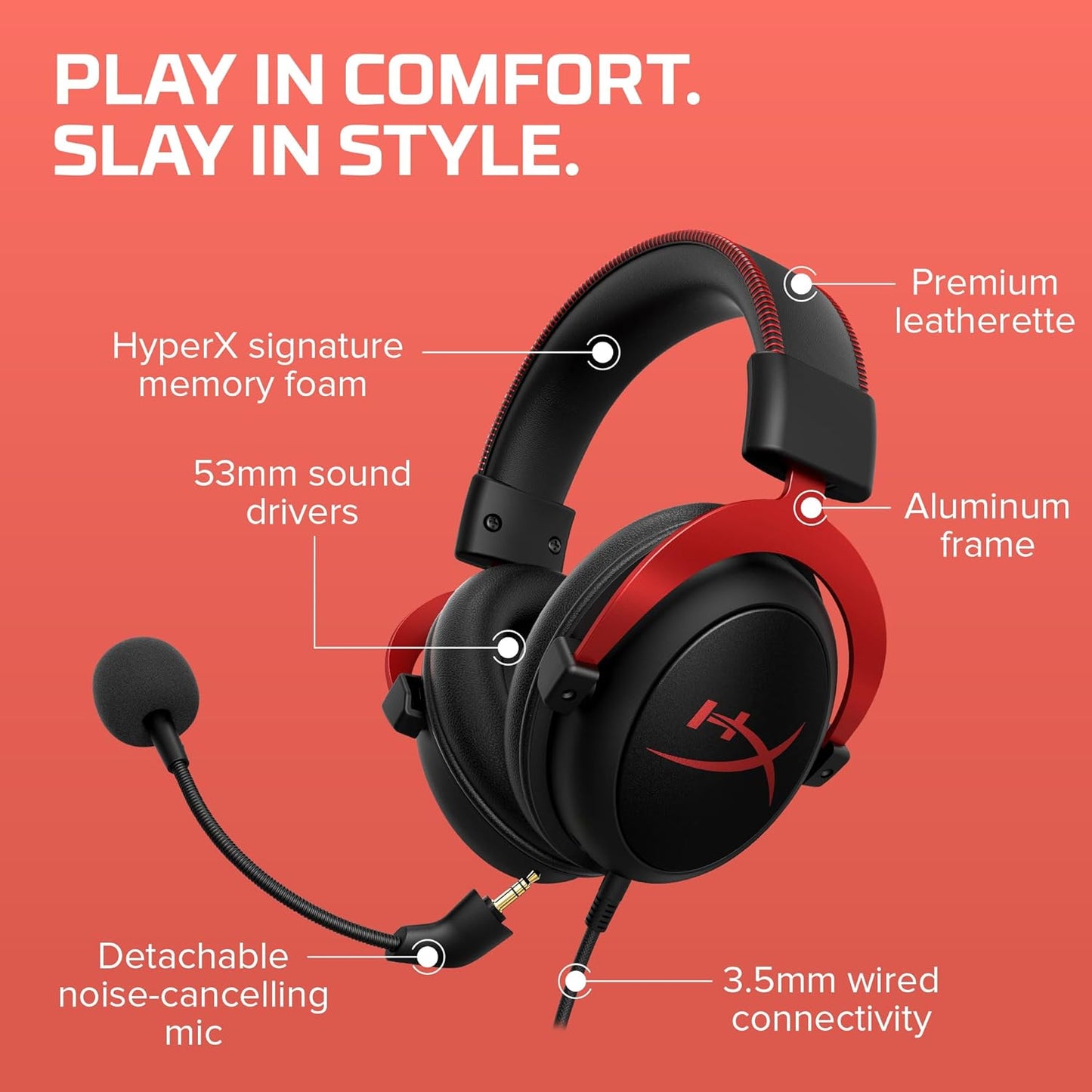 HyperX Cloud II Gaming Headset - 7.1 Surround Sound - Memory Foam Ear Pads - Durable Aluminum Frame - Multi Platform Headset - Works with PC, PS4, PS4 PRO, Xbox One, Xbox One S - Red (KHX-HSCP-RD)