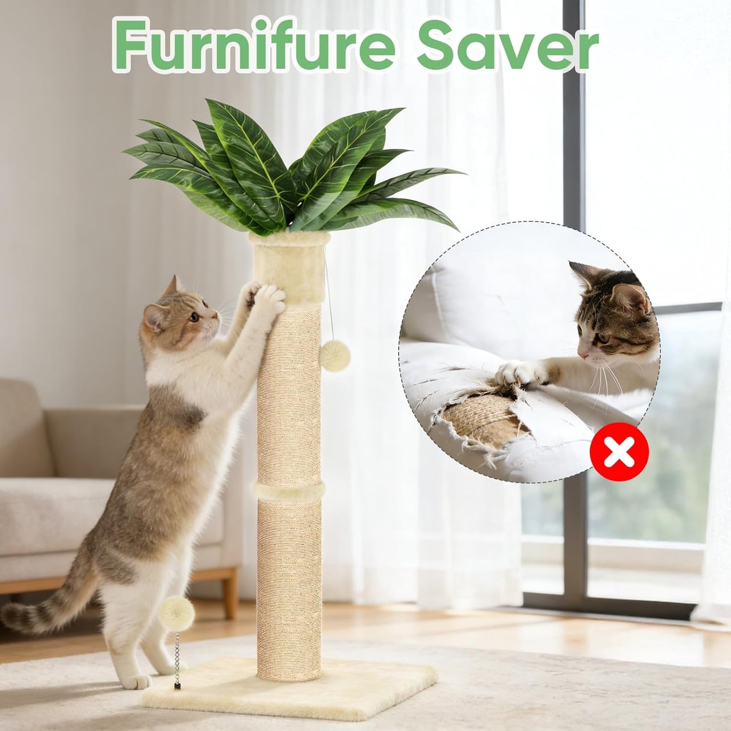 XiaZ Cat Scratching Post 34'' Tall, Cat Scratchers Tree Tower for Indoor Kitten with Extra Wide 15.8" Stable Base and 2 Toy Balls, Natural Sisal & Plush Fabric for Small, Medium Cats (Beige, 2.8in)