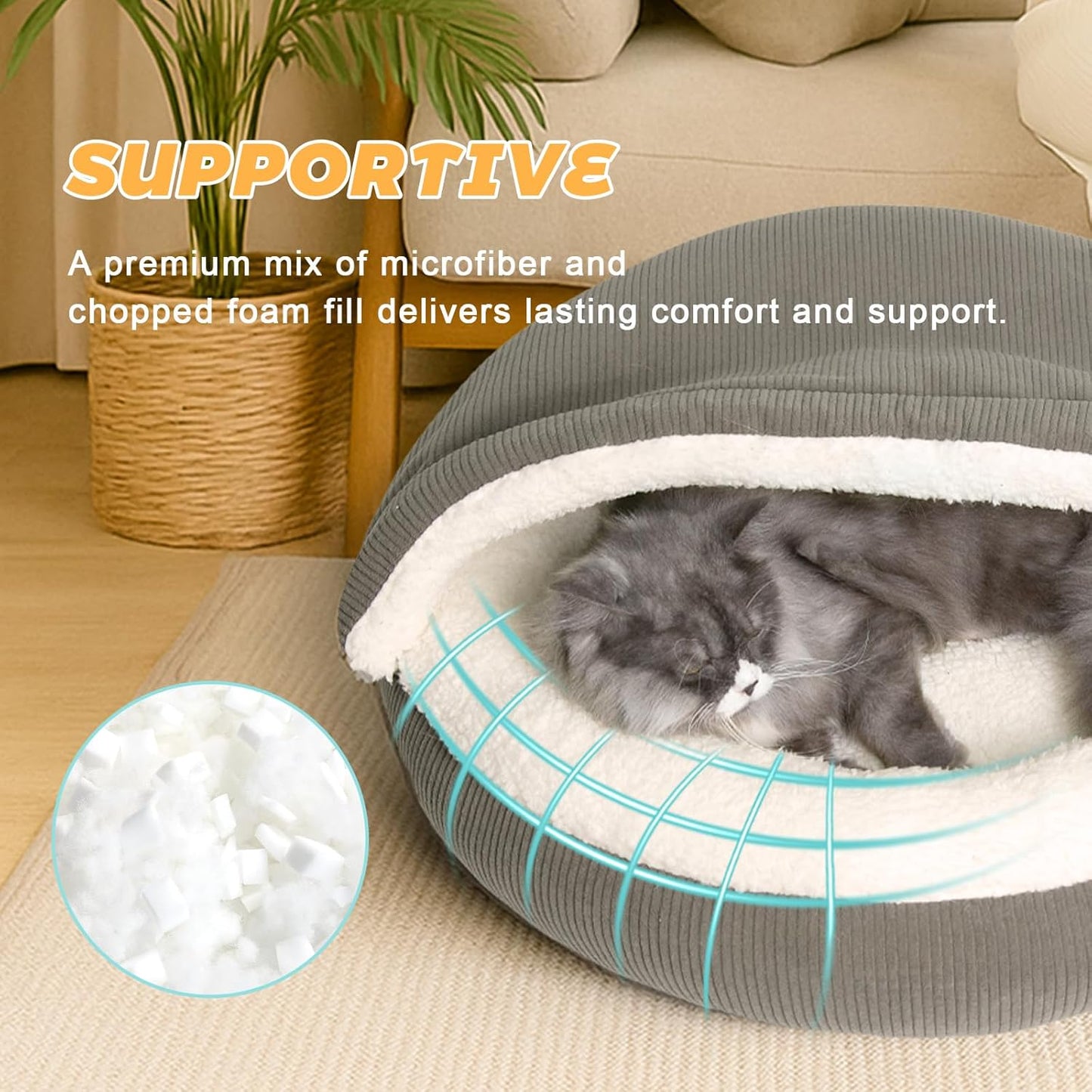 Cat Cave Bed for Indoor Cats, Hooded Cat Bed Covered Cat Bed Cave, Round Cat Cave Cute Kitty Bed, Washable Cat Bed for Cats & Small Dogs, Cat Beds with Cover Cozy Sleeping Nest, 23" Grey