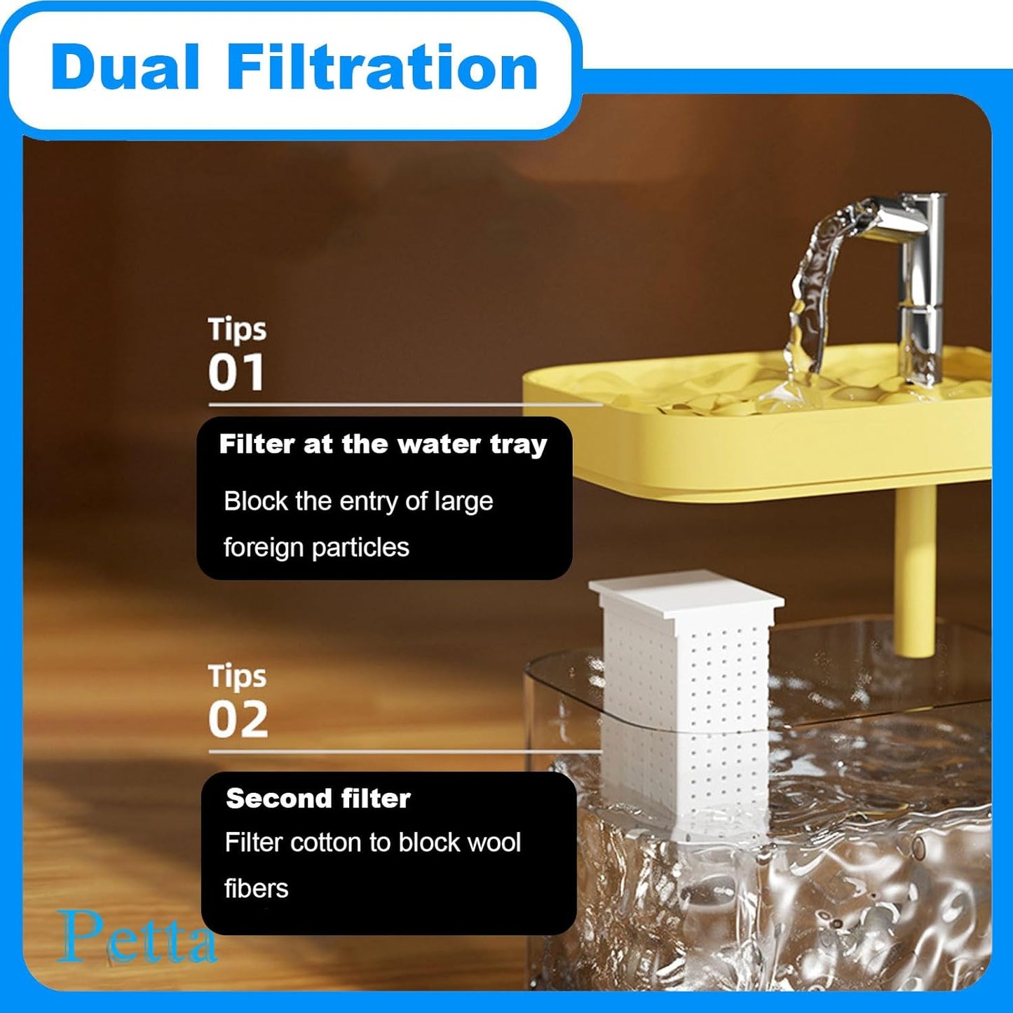 USB Cat Water Fountain,Automatic Pet Fountain with 1 Filter,1.5L/50oz Dog Dispenser Water Bowl for Camping,Outdoors,Yellow PC103-3