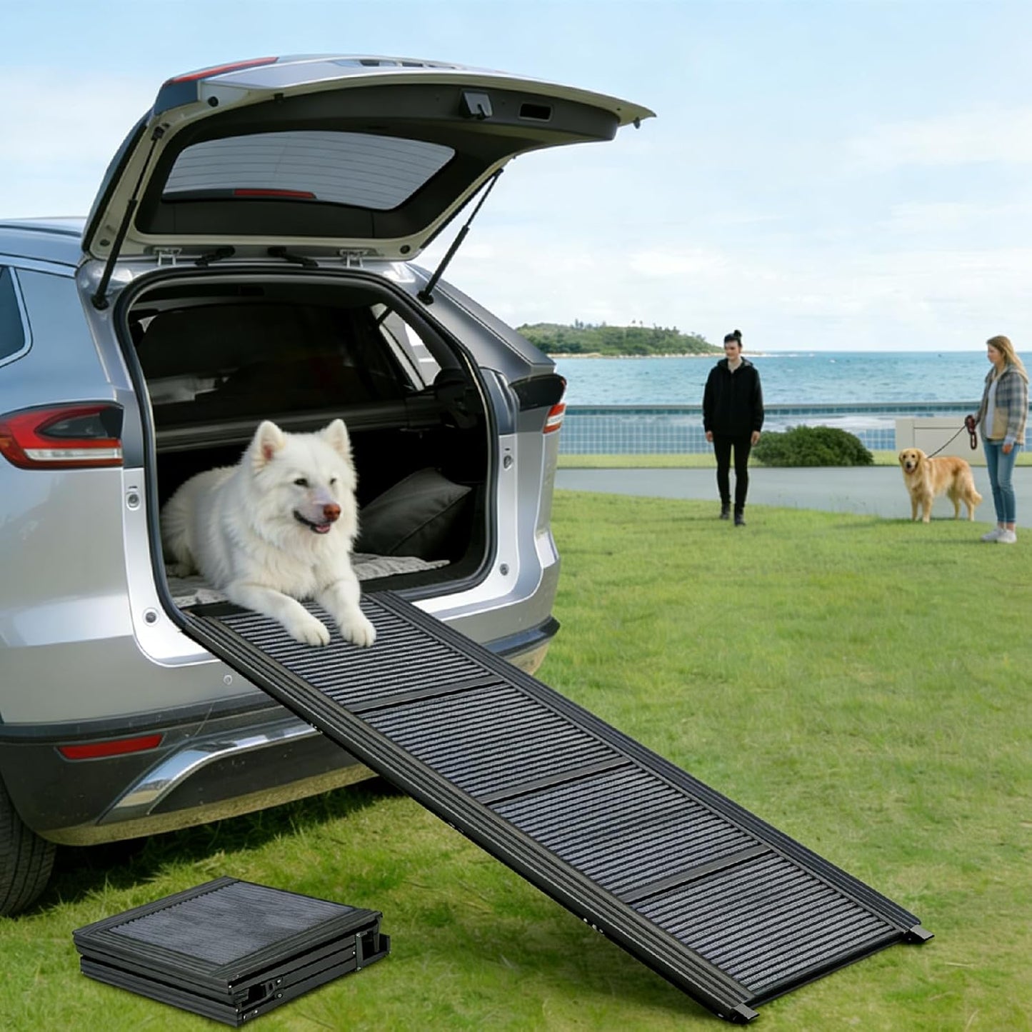 Dog Ramp for Car, Folding Pet Ramp with Comfortable Carpet Surface, Holds Up to 250lbs, Non-Slip 63" Portable Large Dog Stairs for Bed, SUV & Truck