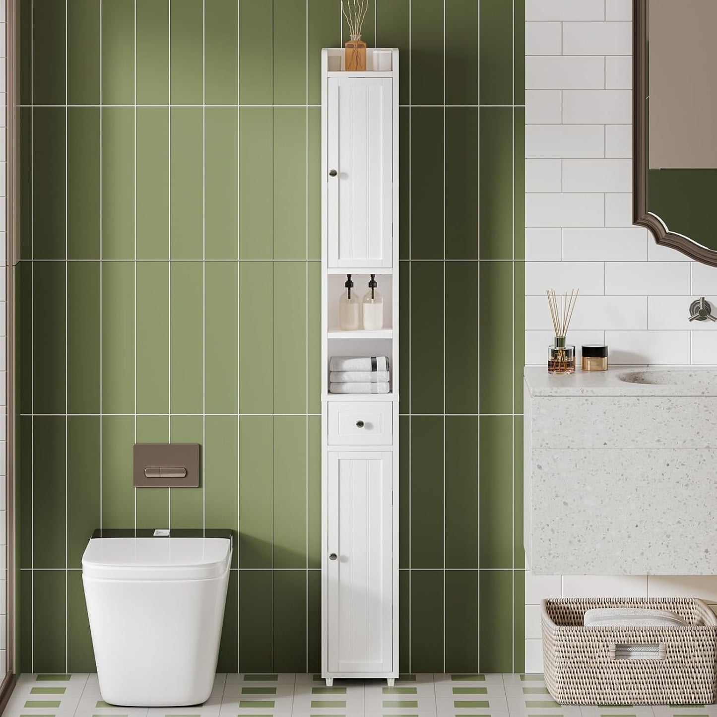ChooChoo Narrow Bathroom Storage Cabinet with Adjustable Shelves, Tall Storage Cabinet with 2 Doors and 1 Drawer, Freestanding Cupboard for Small Spaces, White