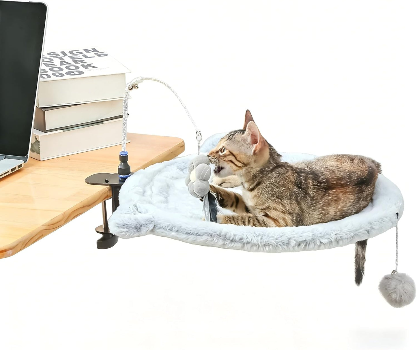 Plush Round Desk Mounted Cat Bed with Interactive Toys – Clamp-On Cat Hammock for Desk, Adjustable Elevated Cat Bed for Desk Supports up to 25 lbs.
