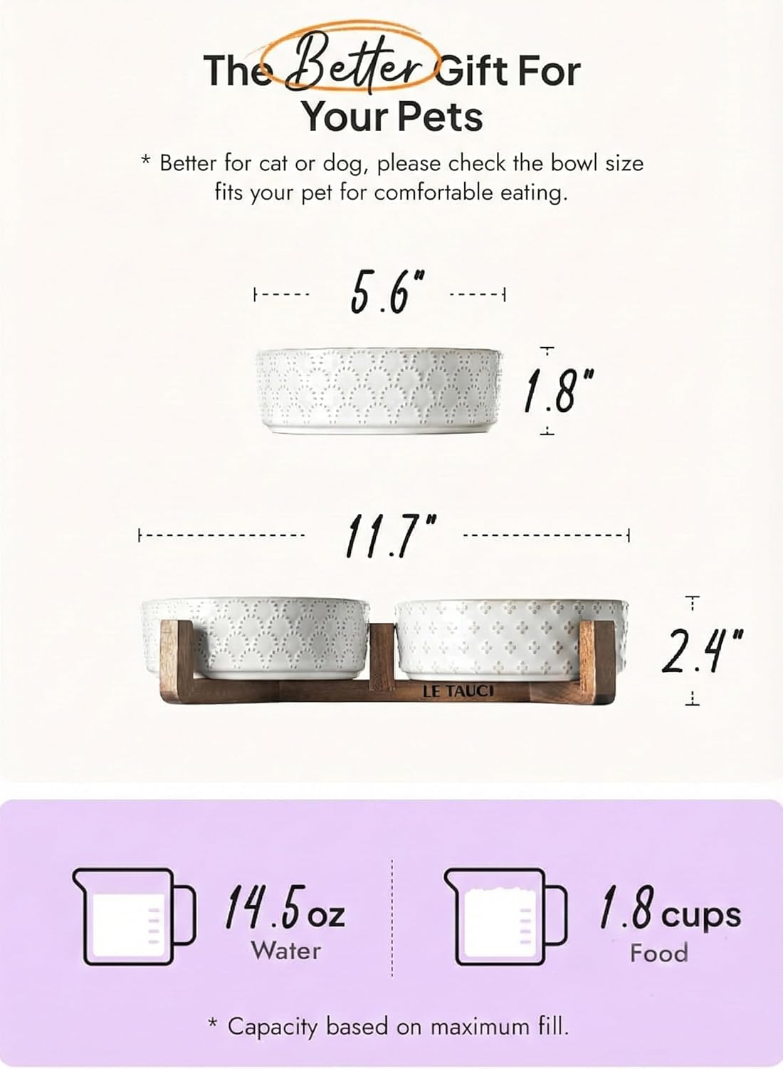 LE TAUCI Dog Bowl Set with Acacia Wood Stand - 1.5-Cup Ceramic Puppy Bowls for Small Dogs, Dual Food and Water Bowls with Weighted Non-Slip Base
