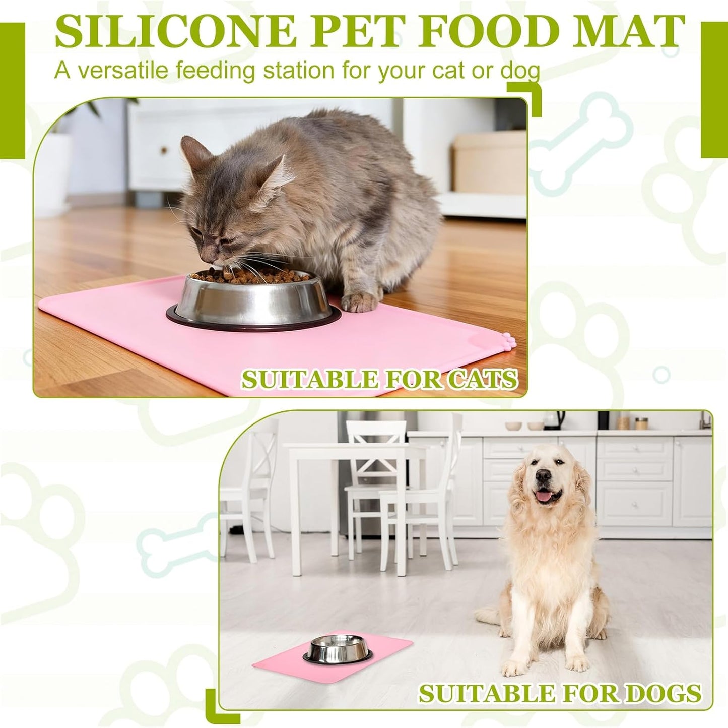 Cat Food Mat, 19x12 Inch Silicone Pet Feeding Mat Non-Slip Paw Print Style Waterproof Dog Water Bowl Tray Raised Edge Protects Floors (Gray), Intended for Pets Bowl/Fountain