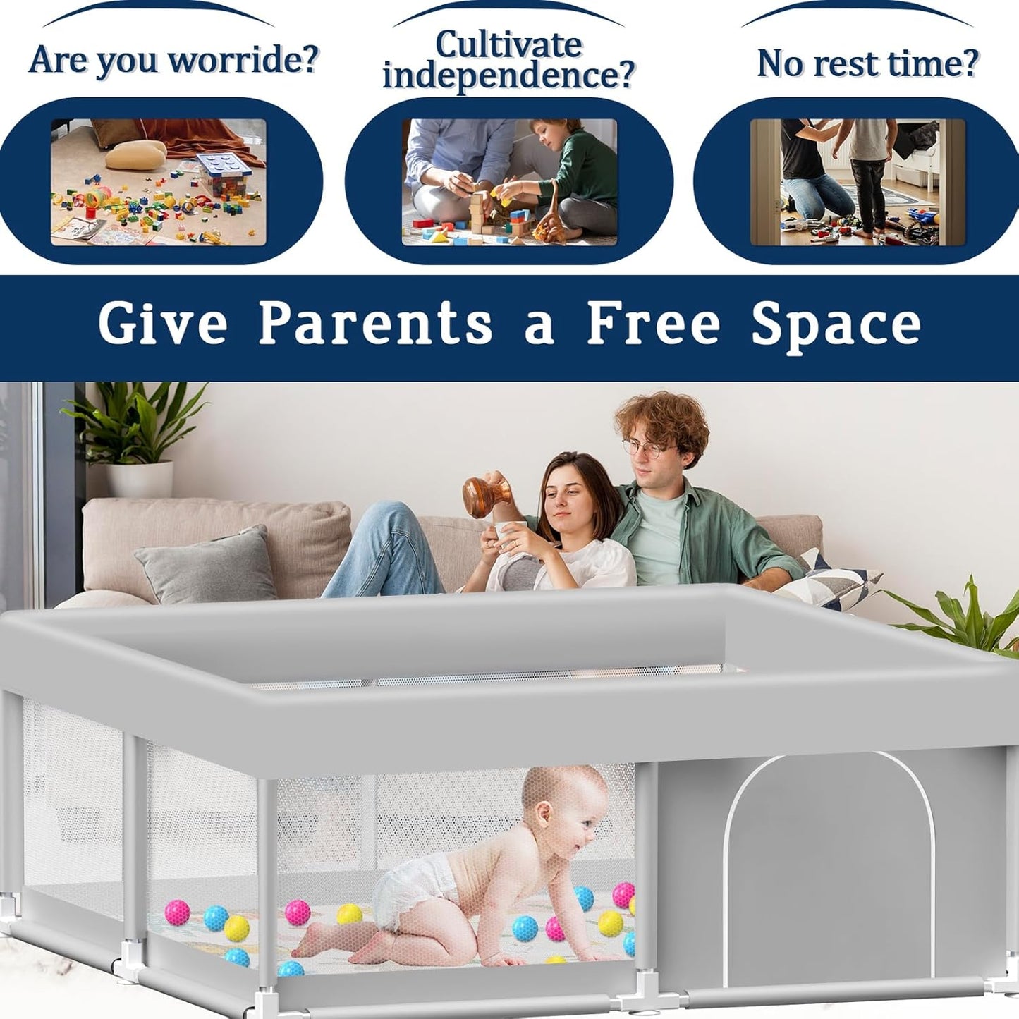 Baby Playpen with Mat, 50x50 Inch Playpen with Mat Waterproof for Babies and Toddlers Play Pen Playards Safety Gate Fence Active Center Indoor