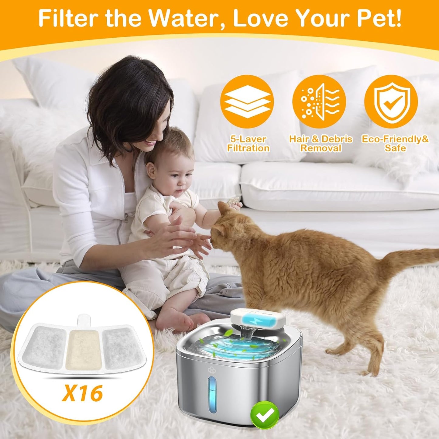 16+16 Pack Replacement Filters for Oneisall PW04 3.5L Wireless Cat Water Fountain, Includes 16 Filters & 16 Sponges