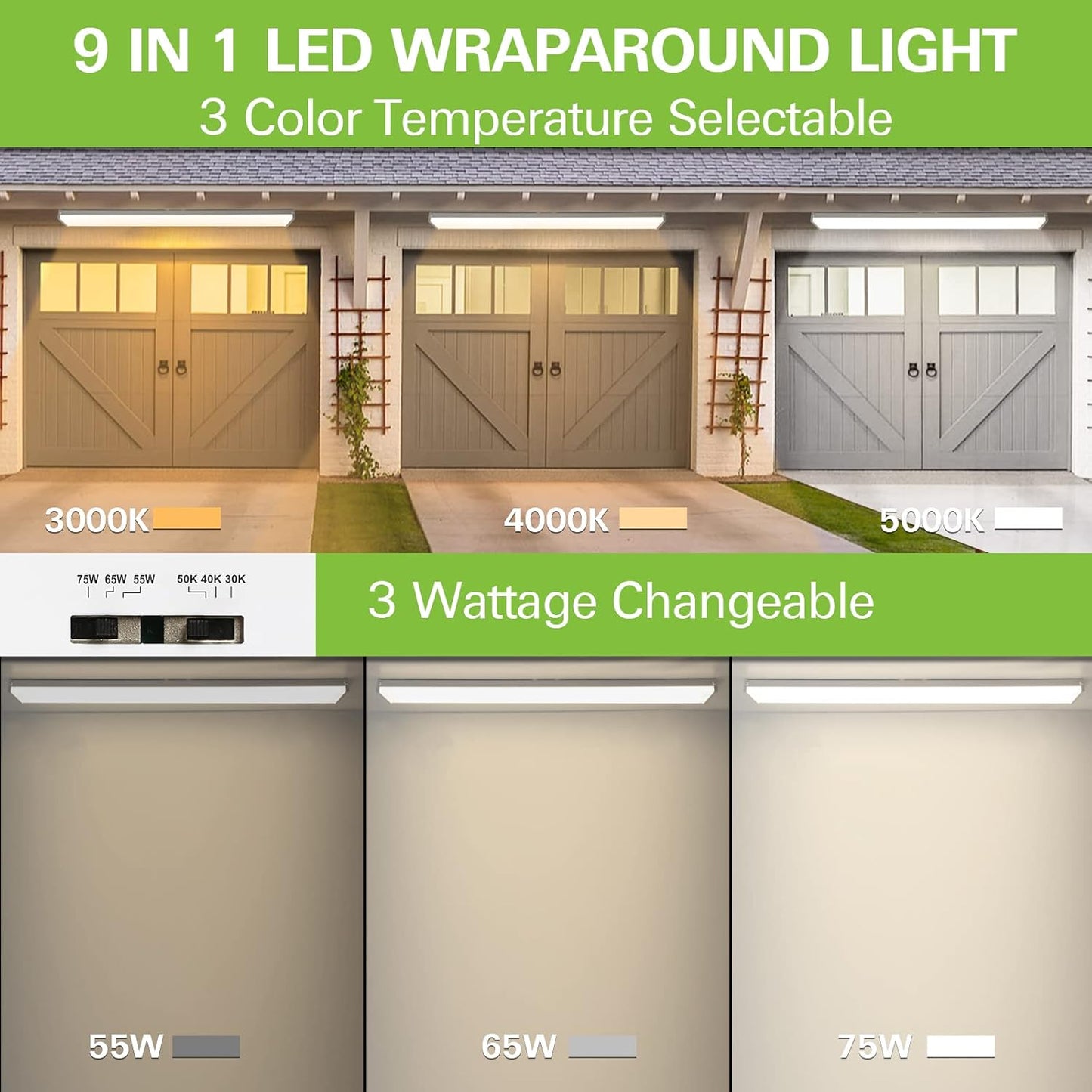 hykolity 4 Pack 4FT LED Wraparound Light with 3 Wattages/3 Lumens/3 CCT Selectable,55W/65W/75W,5500lm/6500lm/7500lm,3000K/4000K/5000K 4 Foot LED Wrap Light Fixture,Flush Mount Office Ceiling Light,ETL