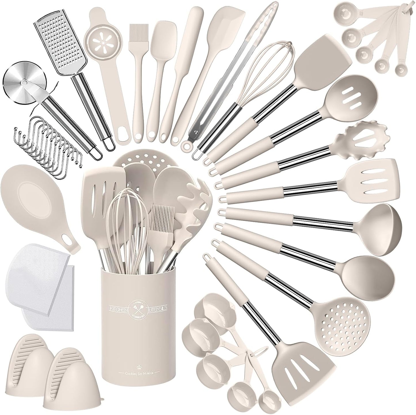 Umite Chef Silicone Kitchen Cooking Utensil Set, 43 pcs Spatula Set with Stainless Steel Handle, Non-stick Heat Resistant - Best Cookware Set-(Khaki)
