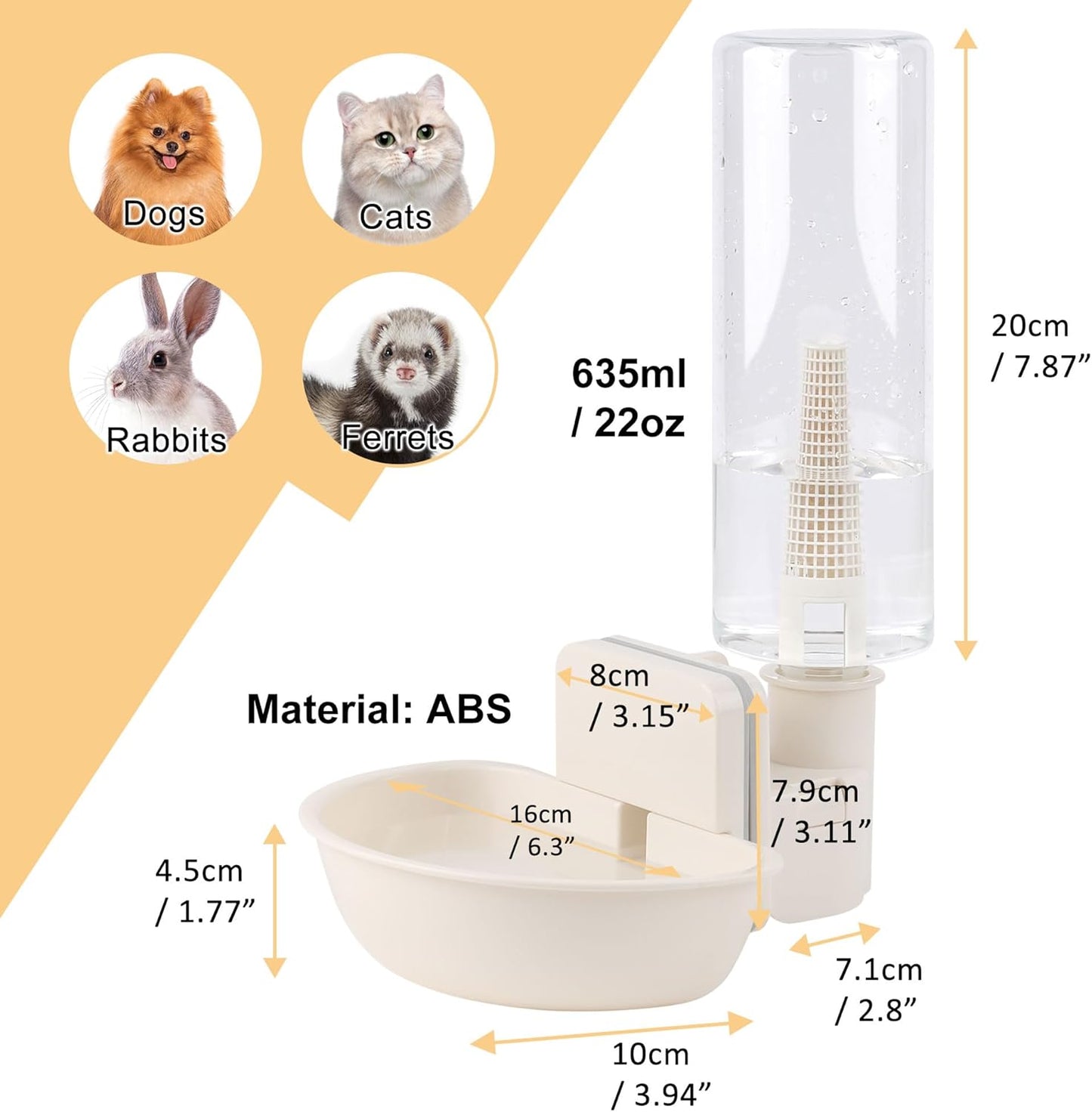 Hanging Automatic Food Water Dispenser,Gravity Pet Feeder Water Dispenser Set,Cage Cat Water Dispenser,Food Bowl for Bunny Guinea Pig Ferret Water Dispenser (Large Bowl Size)